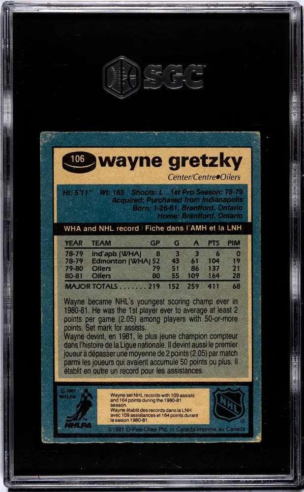 Wayne Gretzky 1981-82 O Pee Chee SGC 2.5 Good + OPC 81-82 3rd Year OILERS 