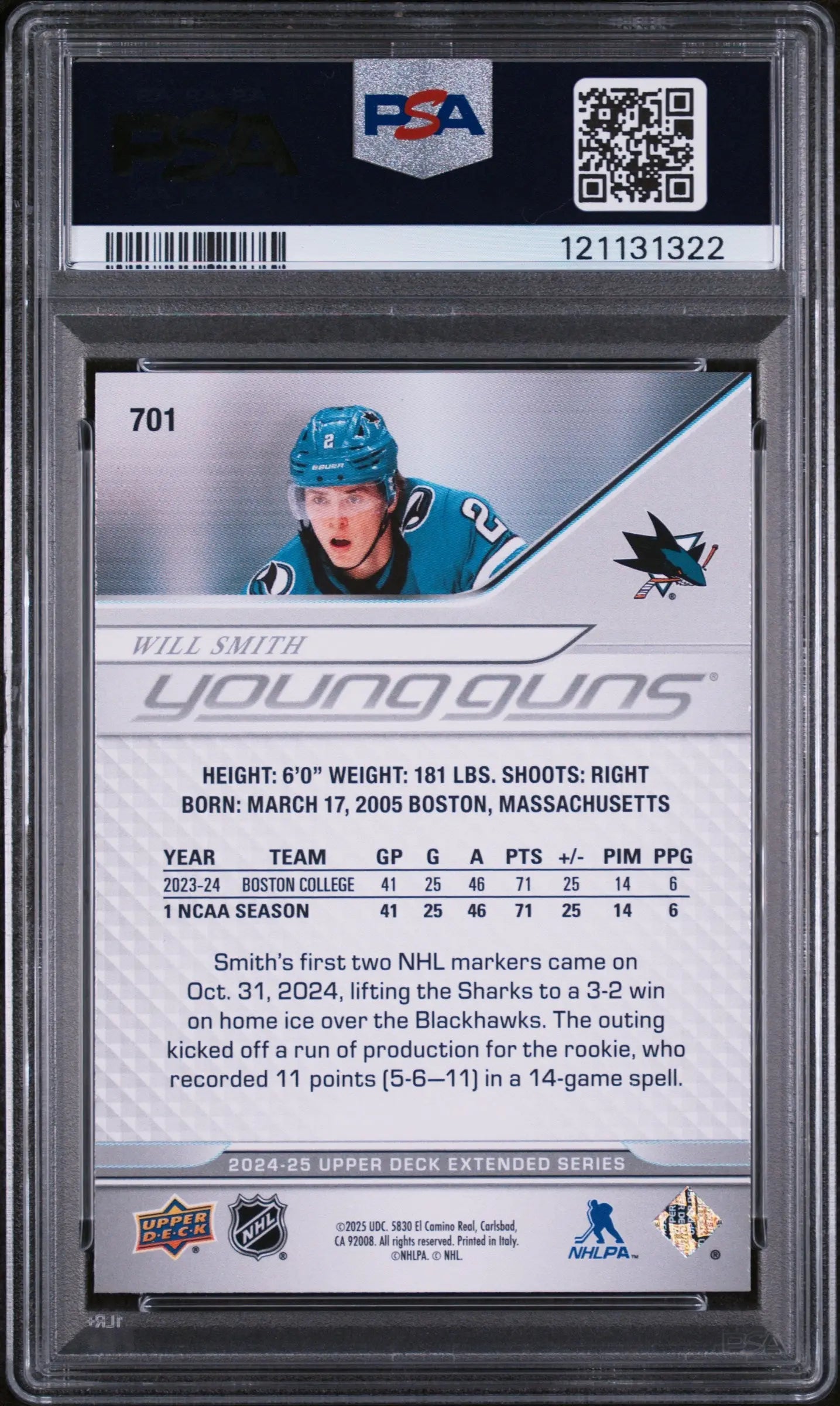 Will Smith Upper Deck Young Guns PSA 10 RC Rookie 2024-25 24-25 Sharks 
