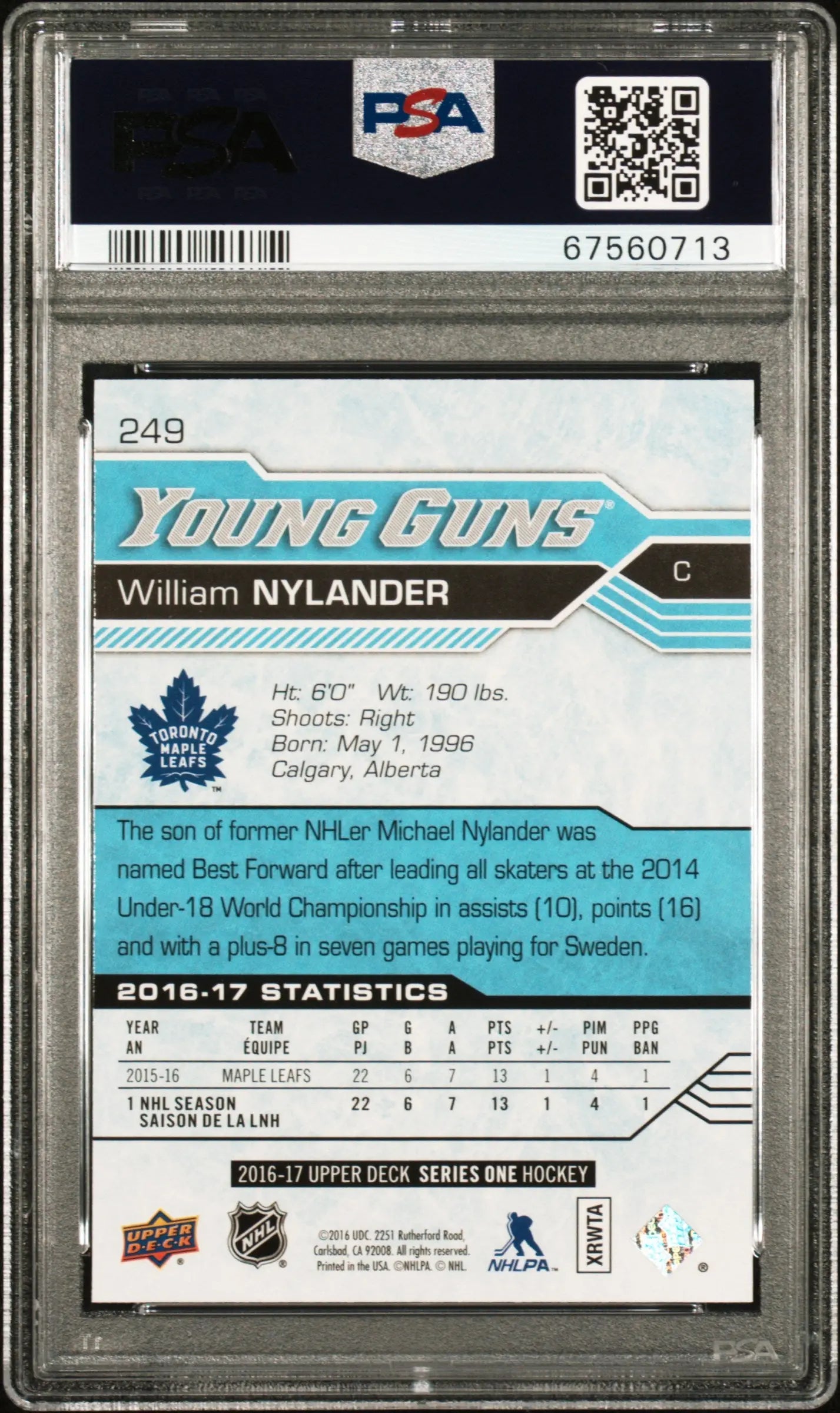 William Nylander RC Rookie #249 PSA 9 2016-17 UD Upper Deck 