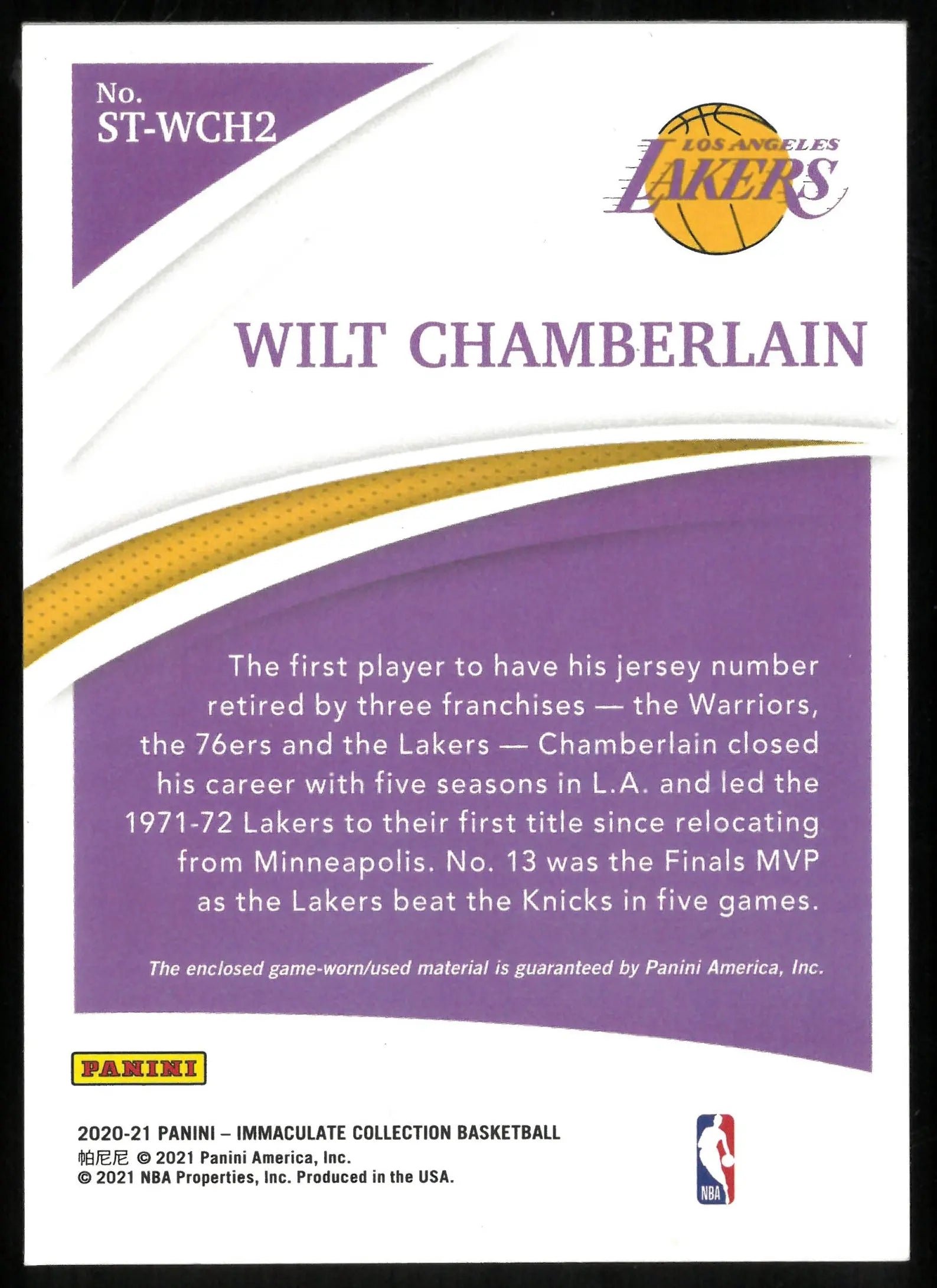Wilt Chamberlain /99 Immaculate Standard Jersey 2020-21 Lakers 