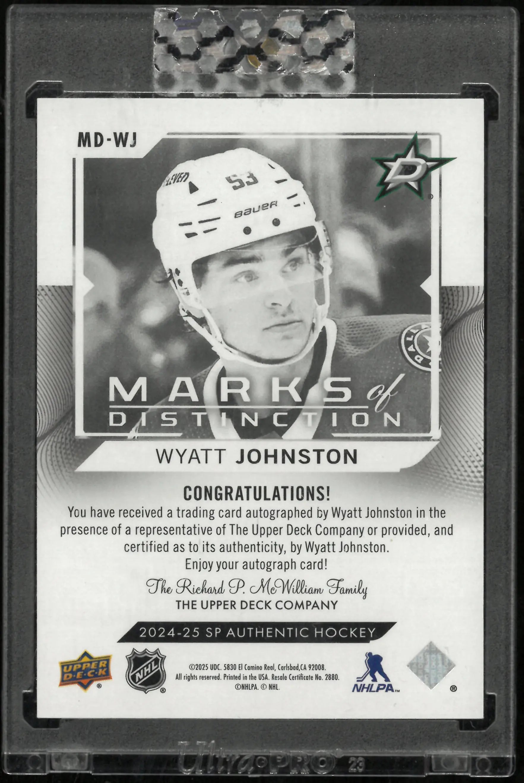 Wyatt Johnston /25 Auto Marks of Distinction SP Authentic 2024-25 