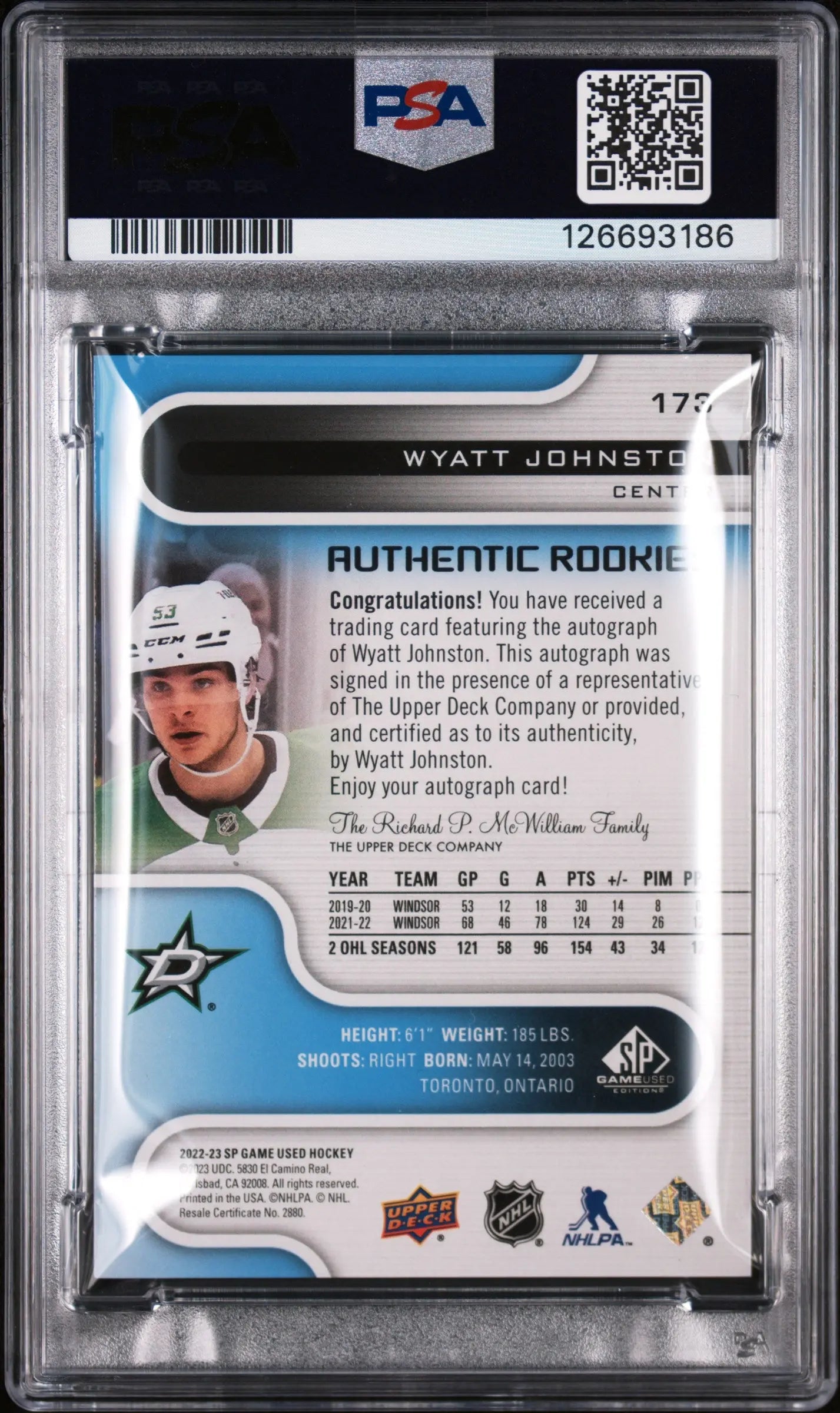 Wyatt Johnston RC Rookie PSA 9 Auto Autograph 2022-23 22-23 SP Game Used UD 