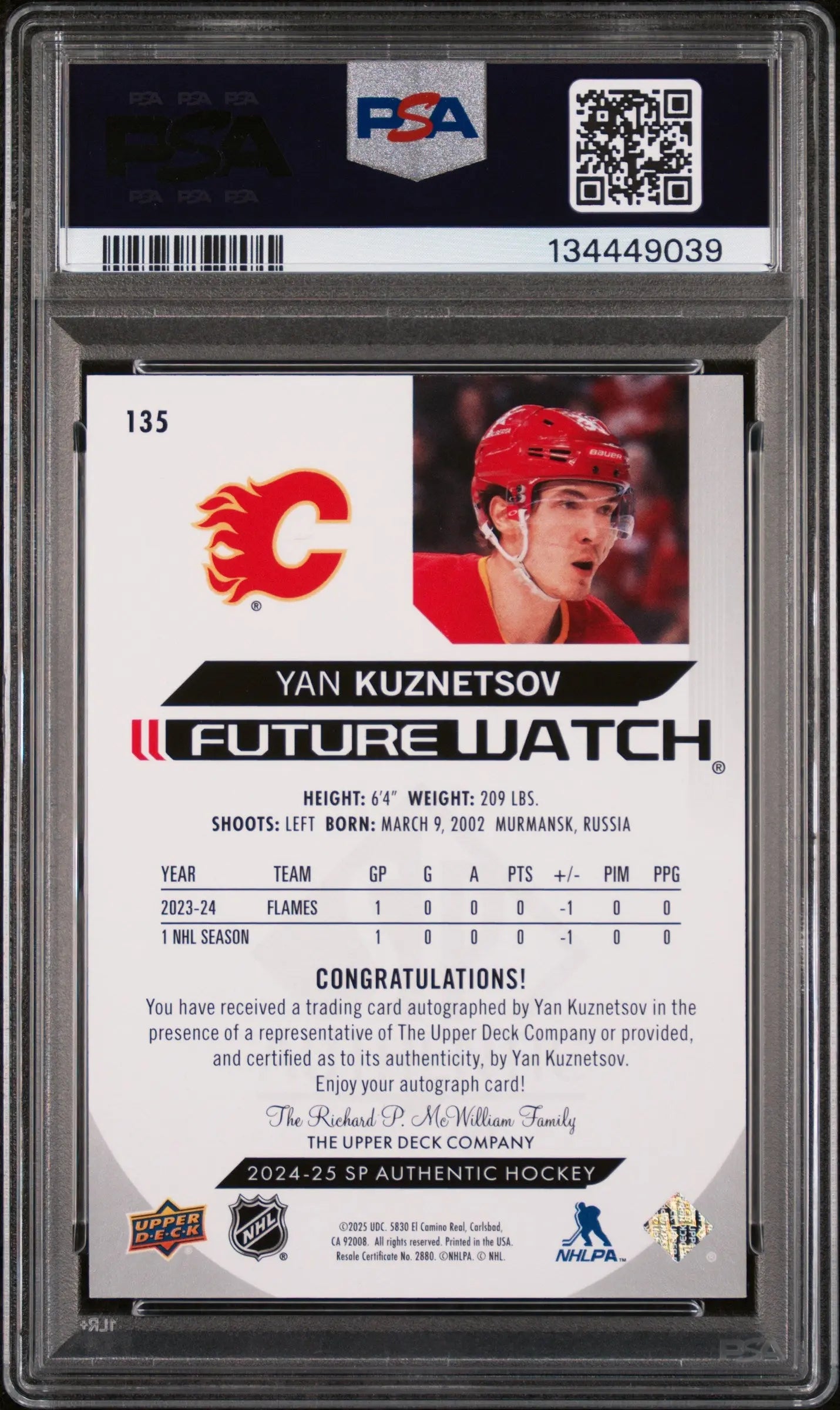 Yan Kuznetsov PSA 10 Future Watch Auto RC 2024-25 UD SP Authentic Rookie 