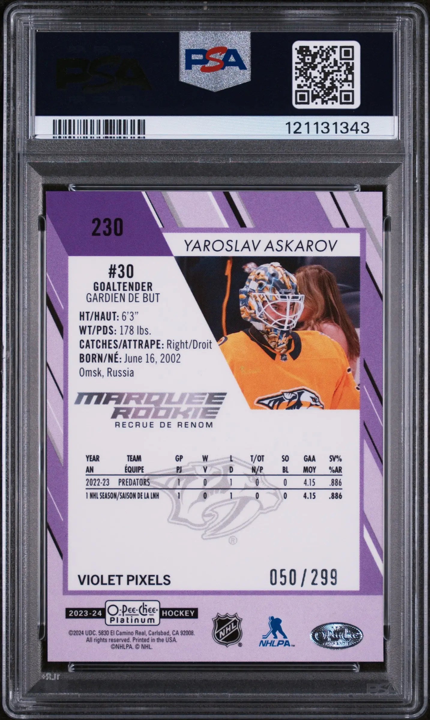 Yaroslav Askarov OPC Platinum Violet Pixels PSA 9 /299 RC Rookie O Pee Chee UD 