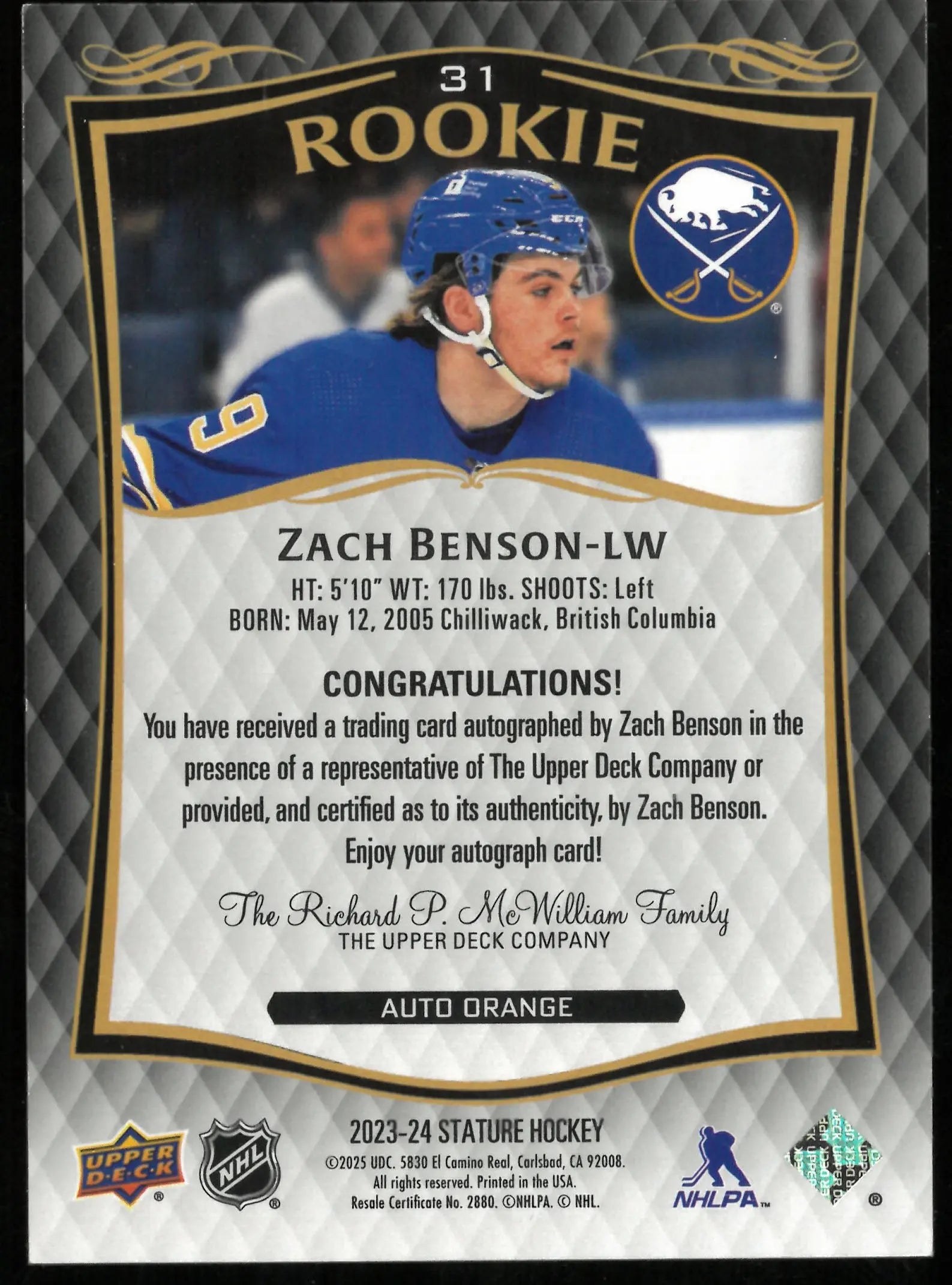 Zach Benson /50 Stature RC Rookie 2023-24 23-24 UD 