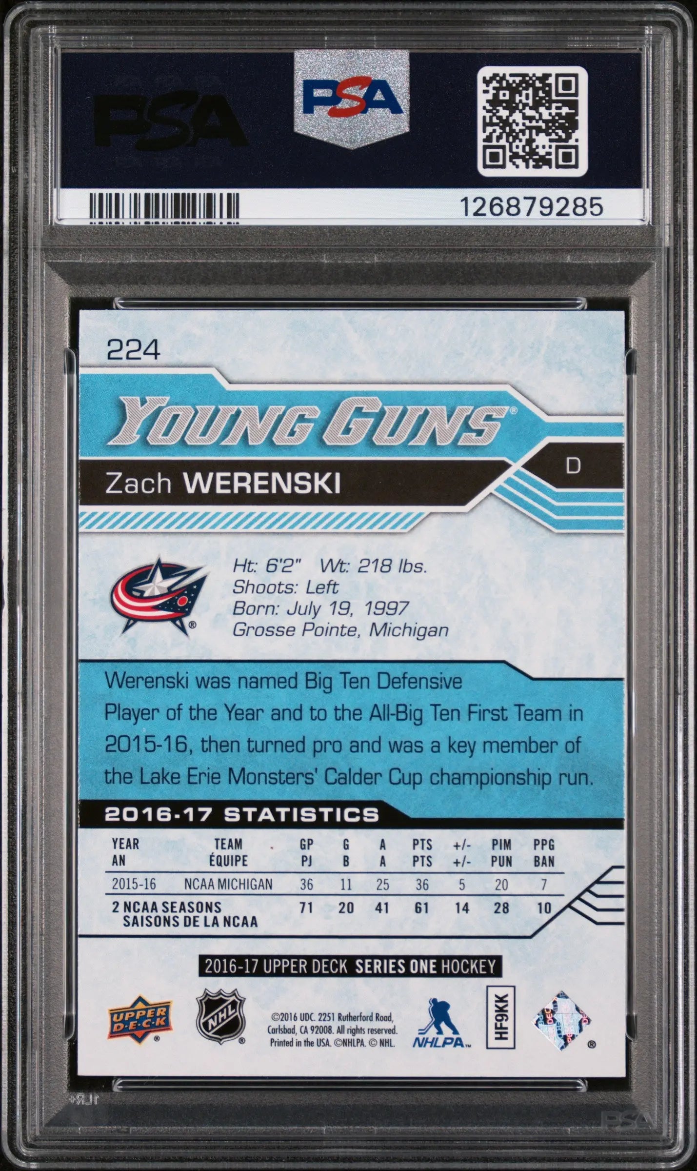 Zach Werenski PSA 10 Young Guns UD Upper Deck RC Rookie 2016-17 16-17 
