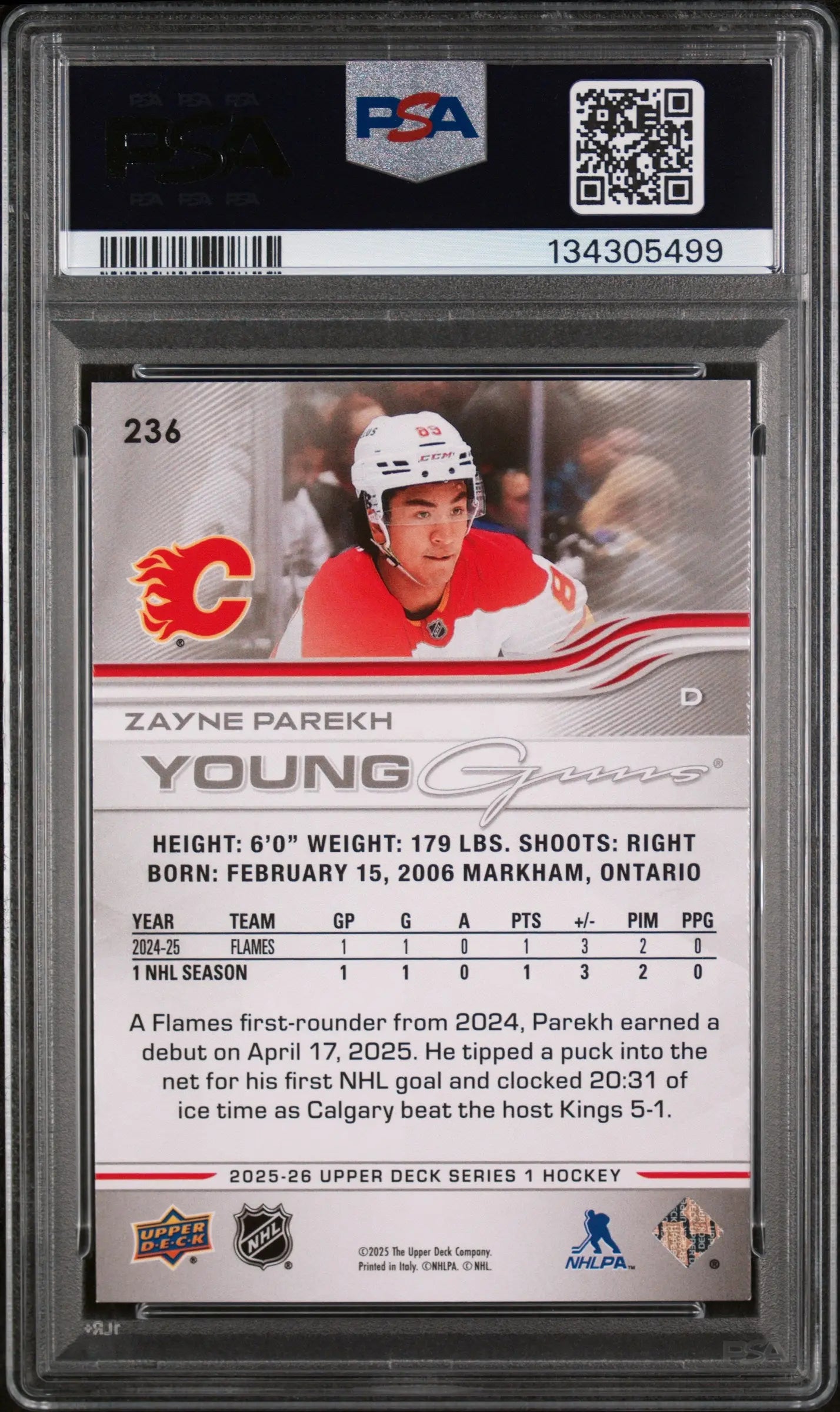 Zayne Parekh Young Guns RC Rookie PSA 9 2025-26 Upper Deck UD 