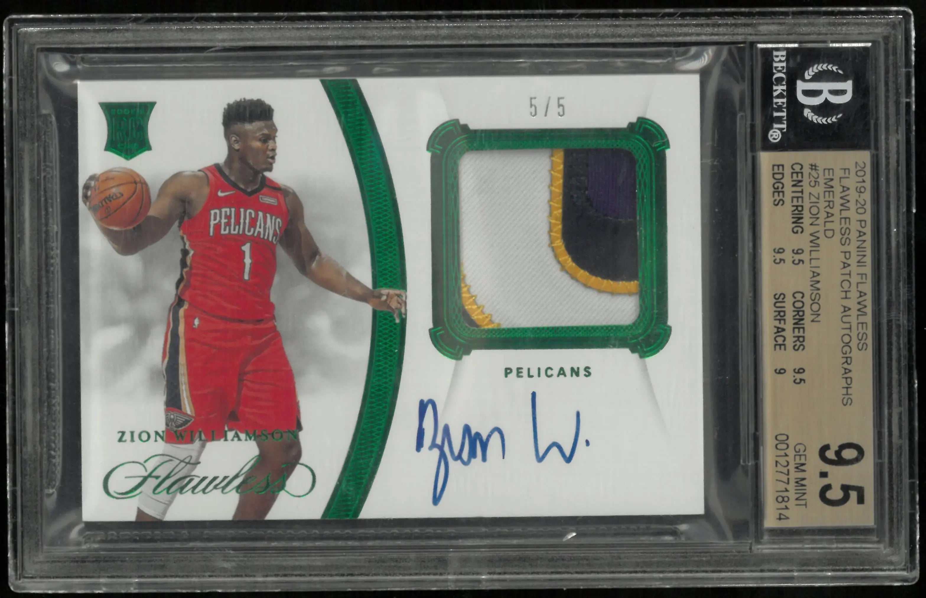 Zion Williamson Patch Autograph RC /5 5/5 Flawless Emerald BGS 9.5 GEM Auto 10 