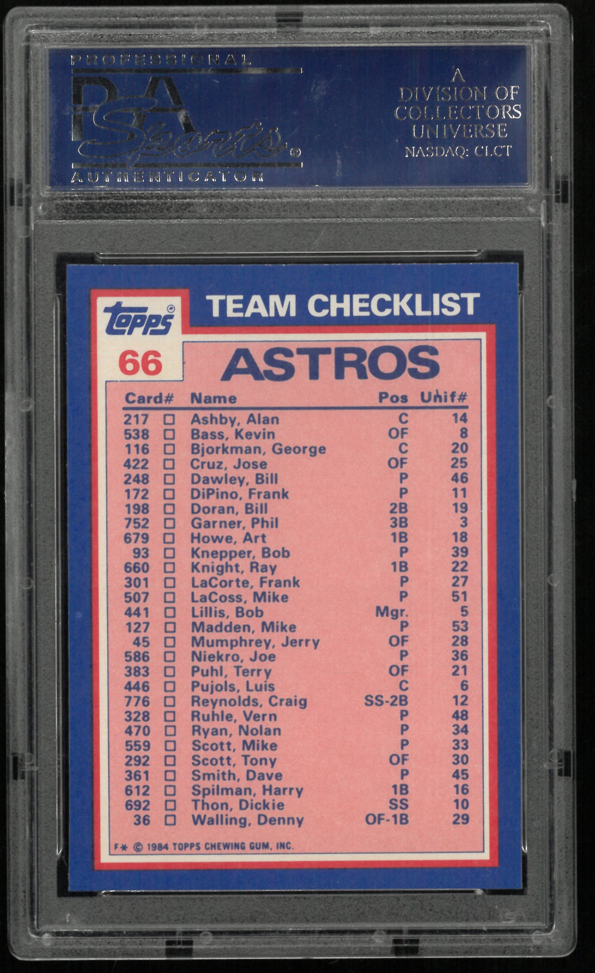 1984 Topps Tiffany Astros Batting & Pitching Leaders PSA 9