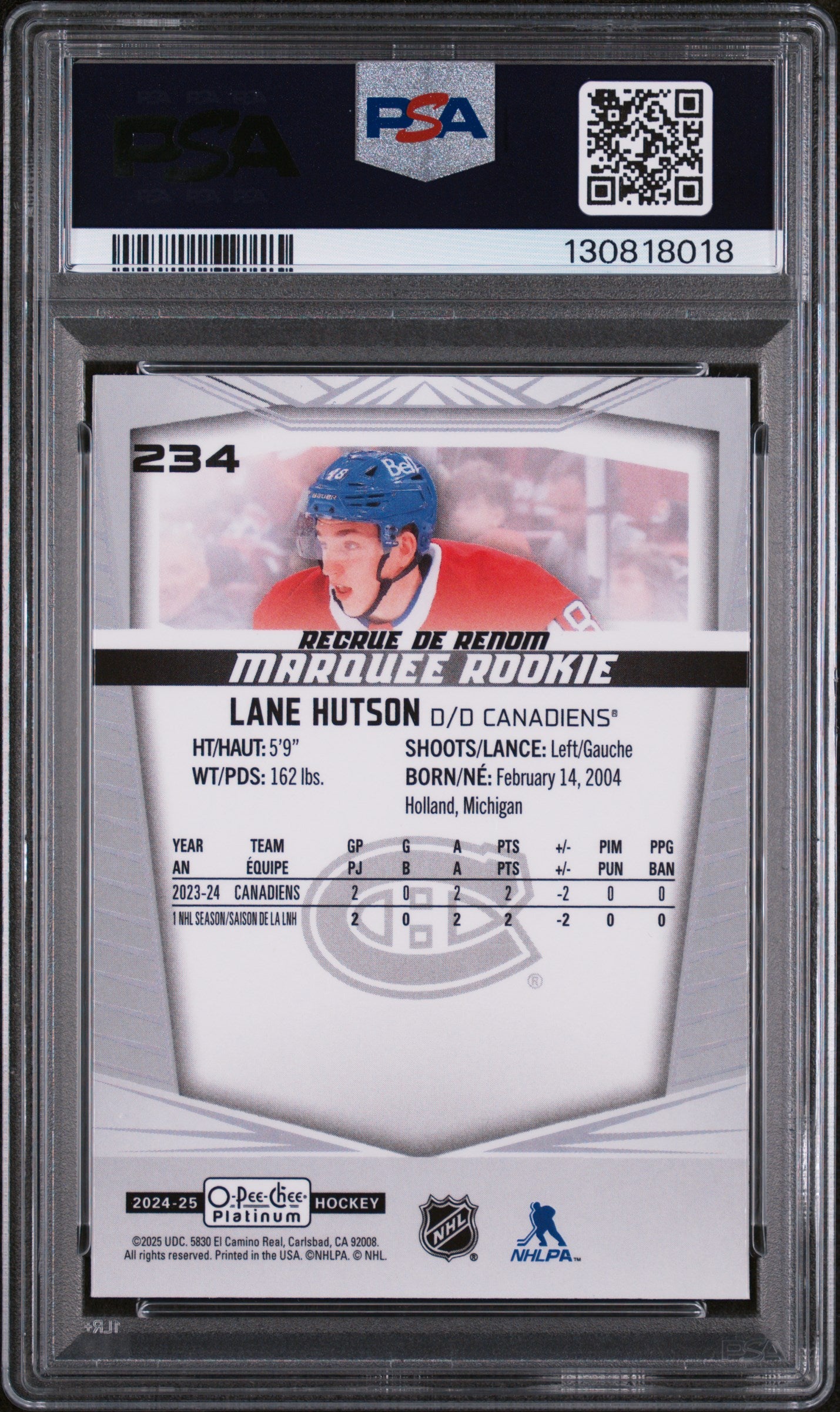 2024 O-Pee-Chee Platinum Lane Hutson Marquee Rookie RC #234 PSA 10