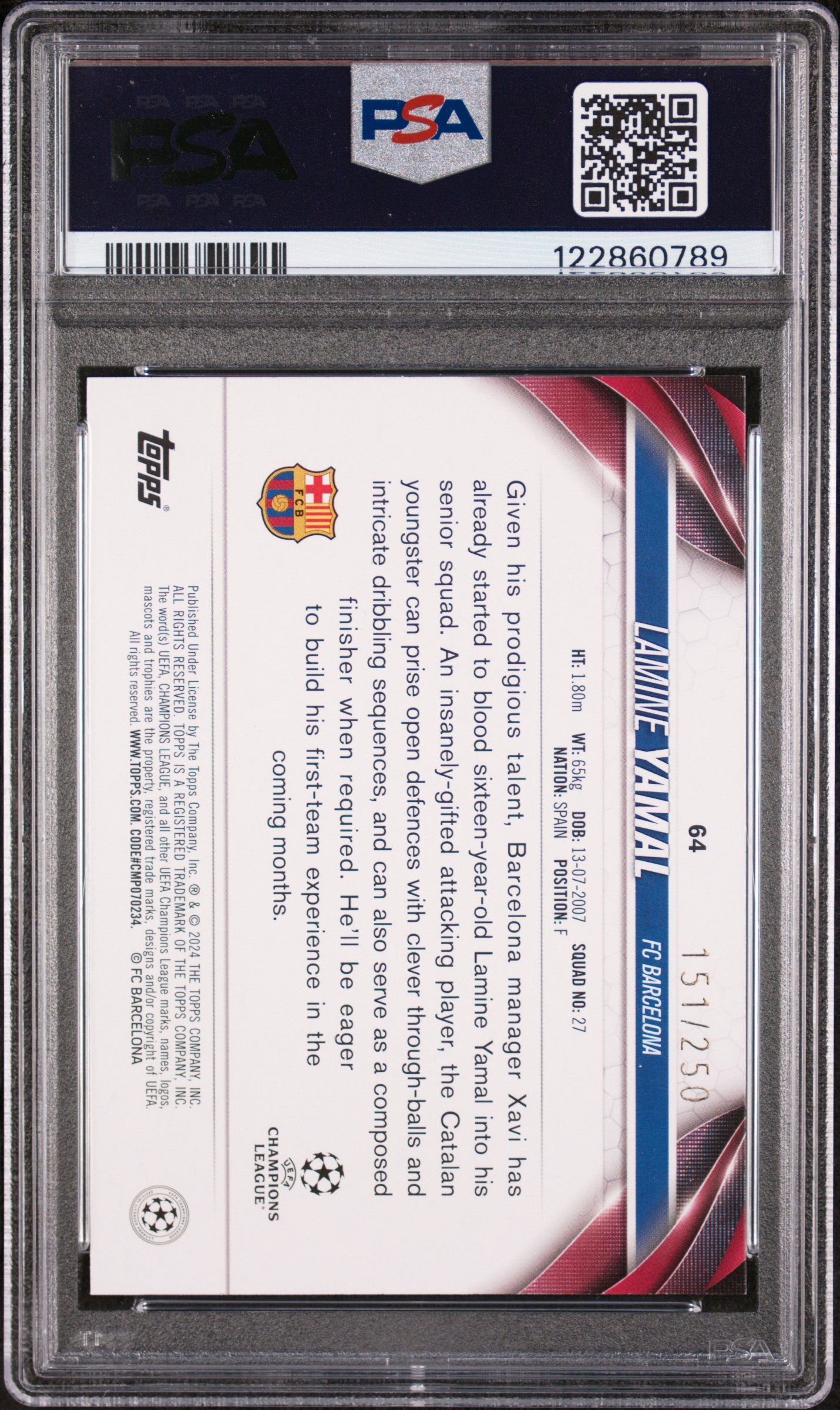 2023-24 Topps UEFA CC Navy Blue Rookie Lamine Yamal #64 /250 PSA 9