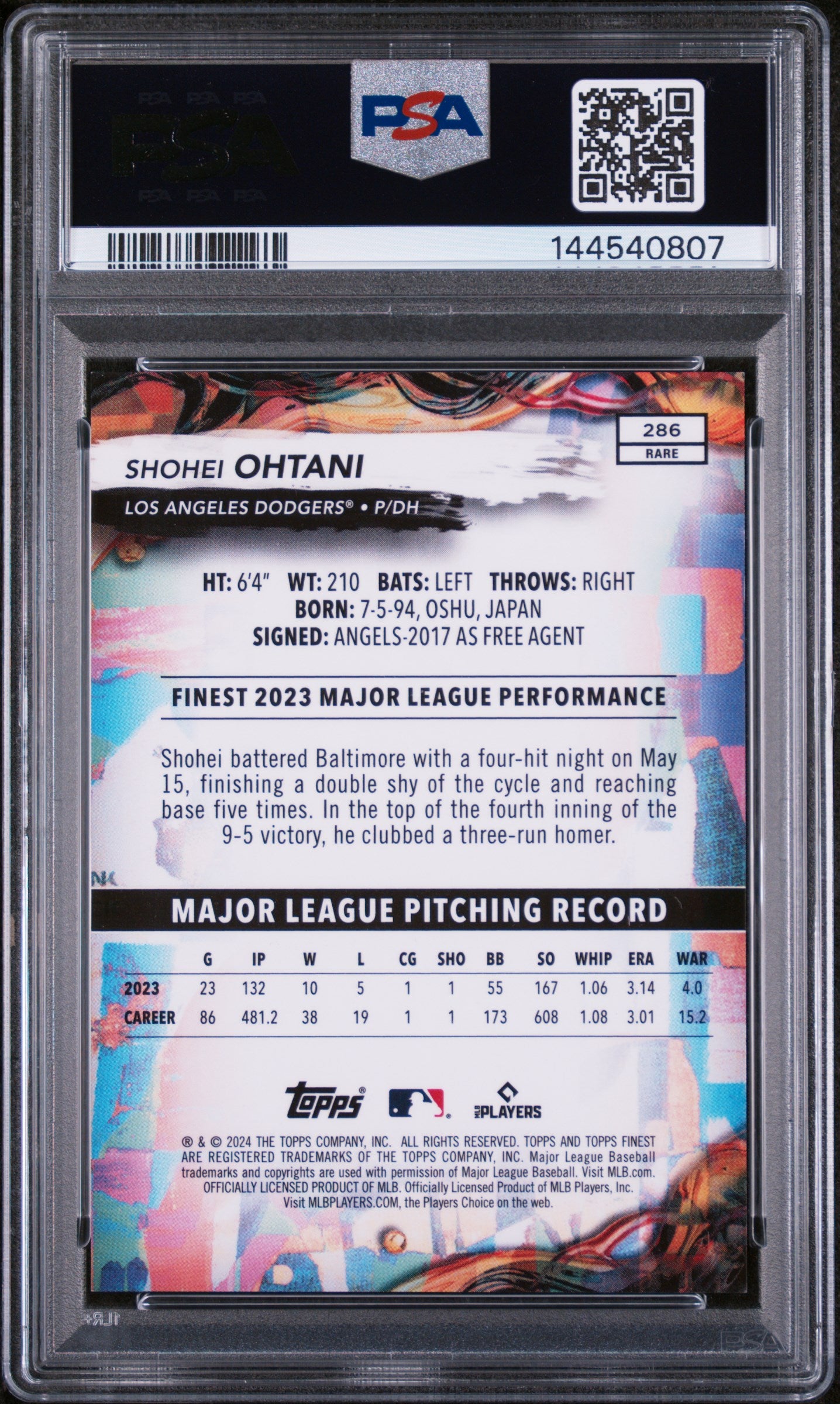 2024 Topps Finest Purple Checkerboard Refractor Shohei Ohtani #286 /75 PSA 9