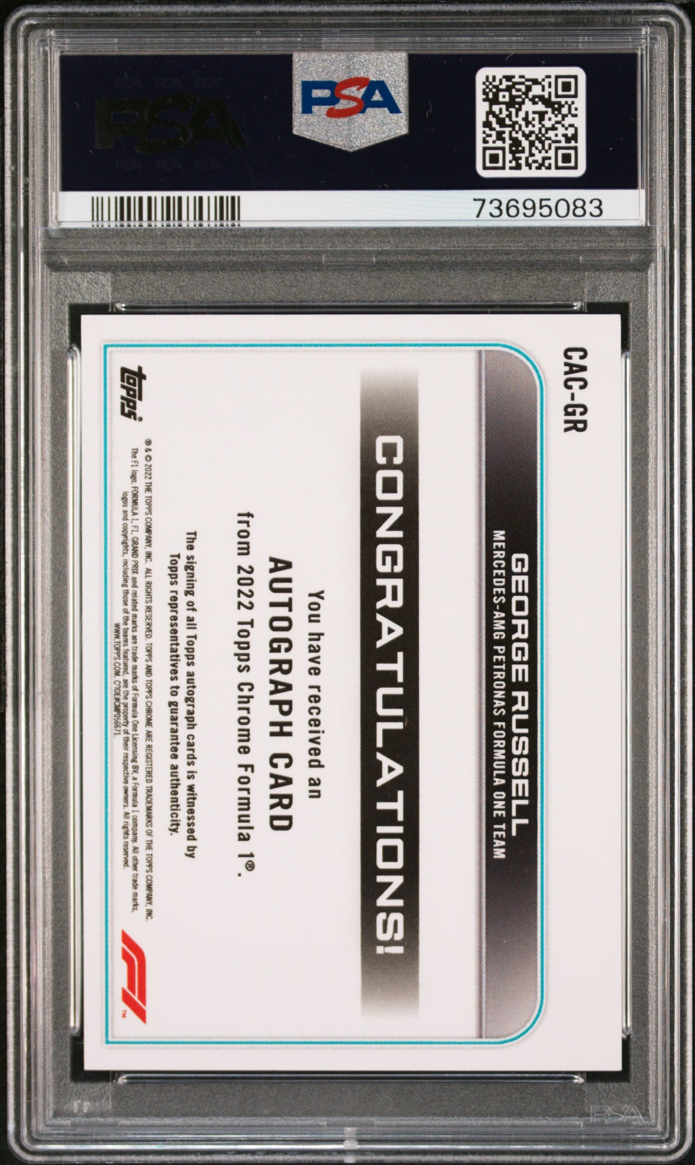 2022 Topps Chrome Formula 1 F1 Chrome Auto George Russell #CACGR PSA 10 Auto 10