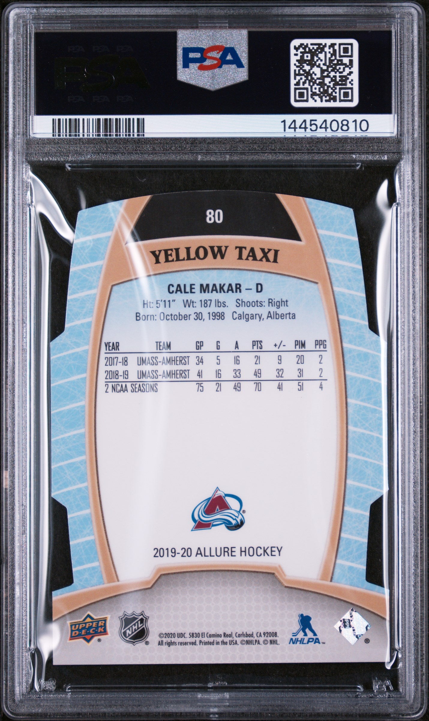 2019 Upper Deck Allure Yellow Taxi Rookie Cale Makar #80 PSA 10