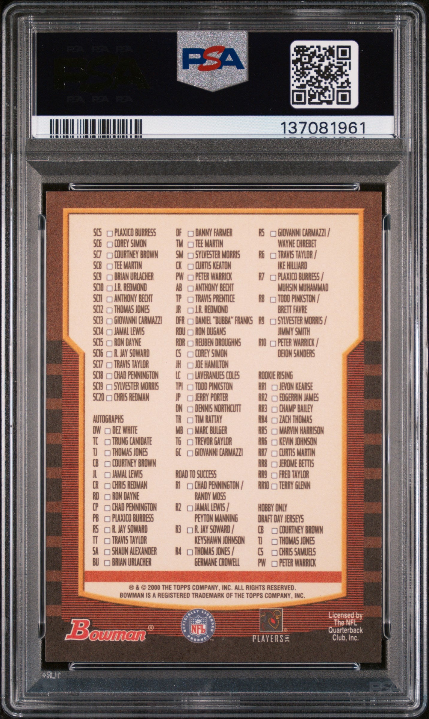2000 Bowman Football Checklist #183-240 PSA 9