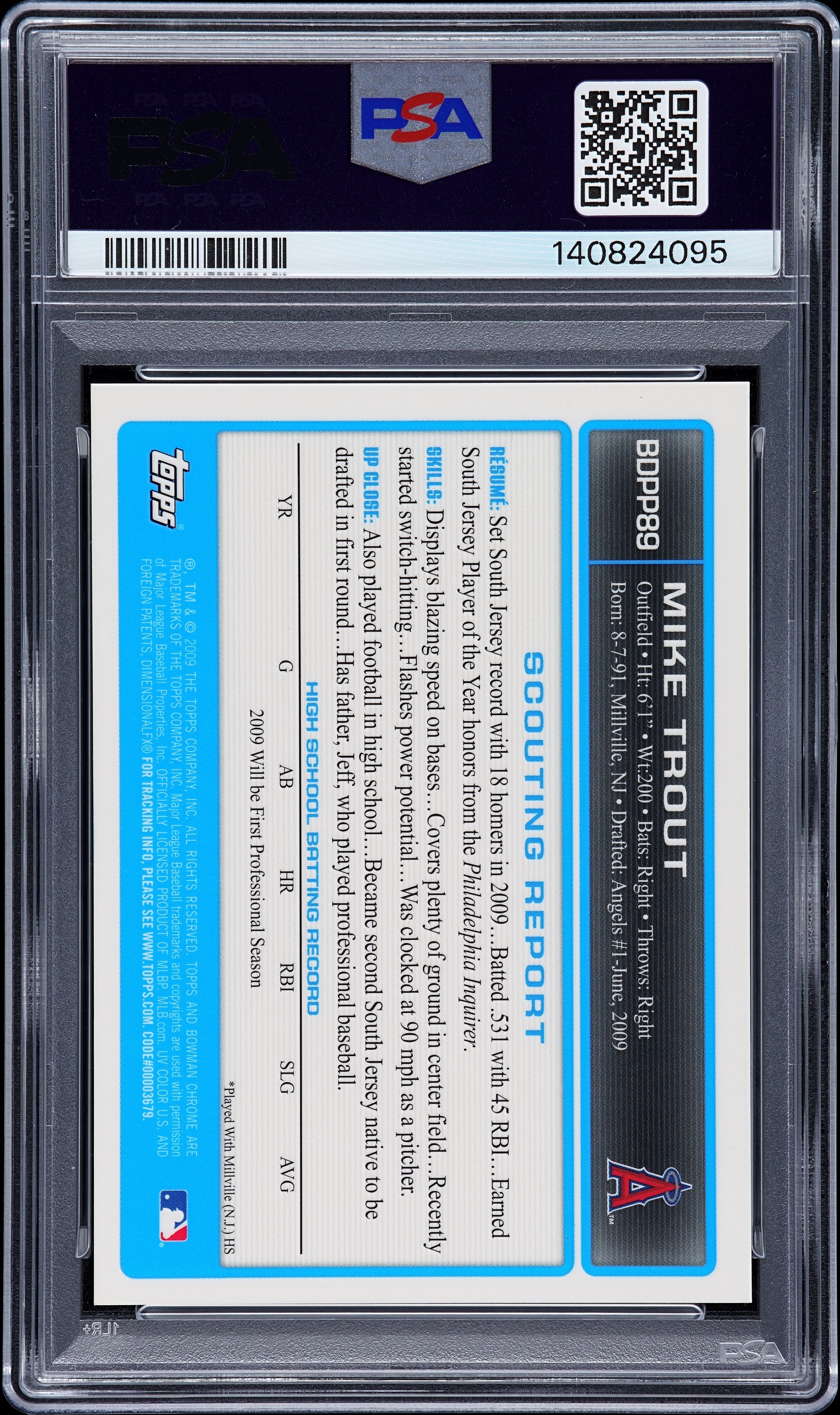 2009 Bowman Chrome Draft Picks Prospects Mike Trout Auto Autograph PSA 8