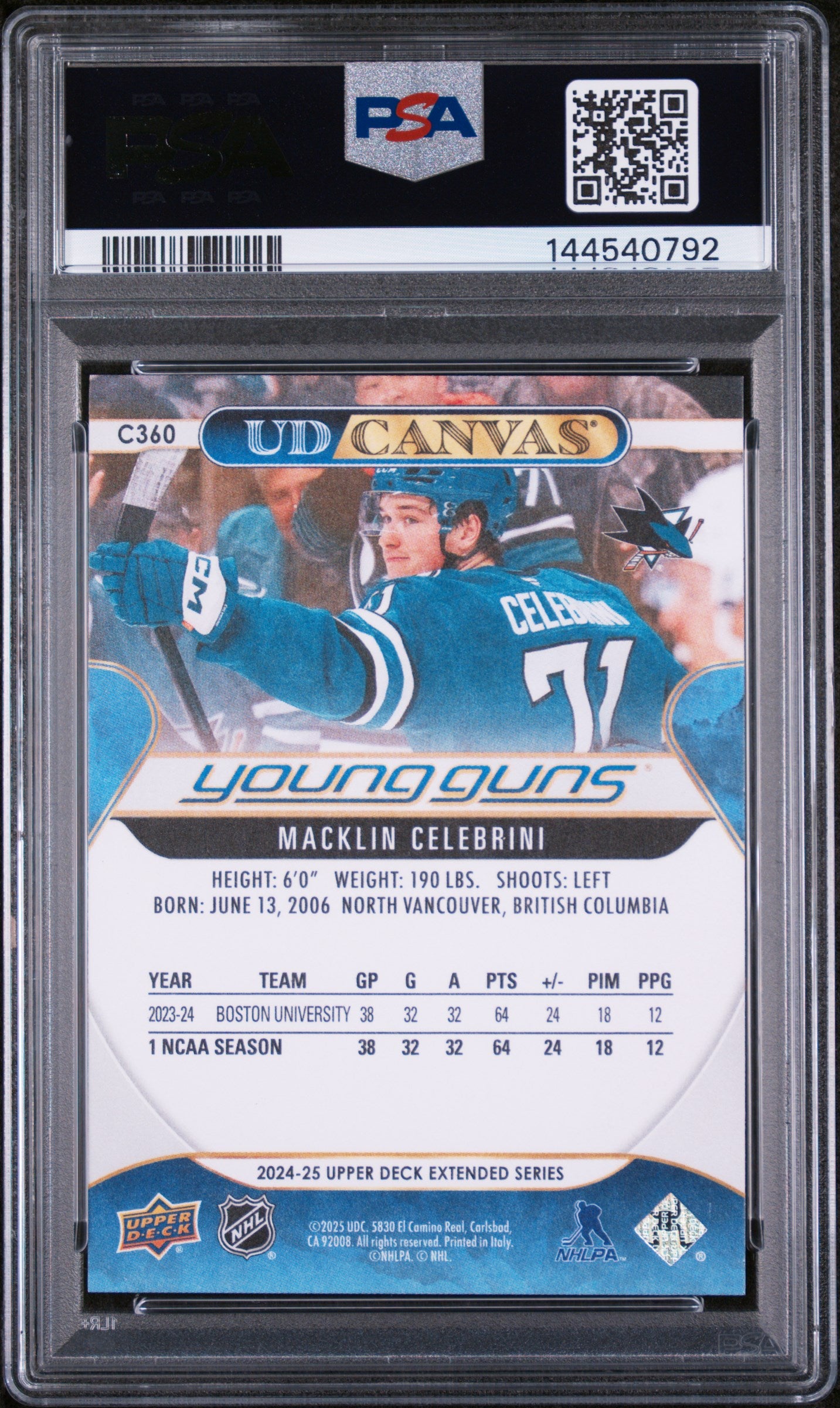 2024 UD Extended Series Hockey UD Canvas Young Guns RC Macklin Celebrini PSA 10