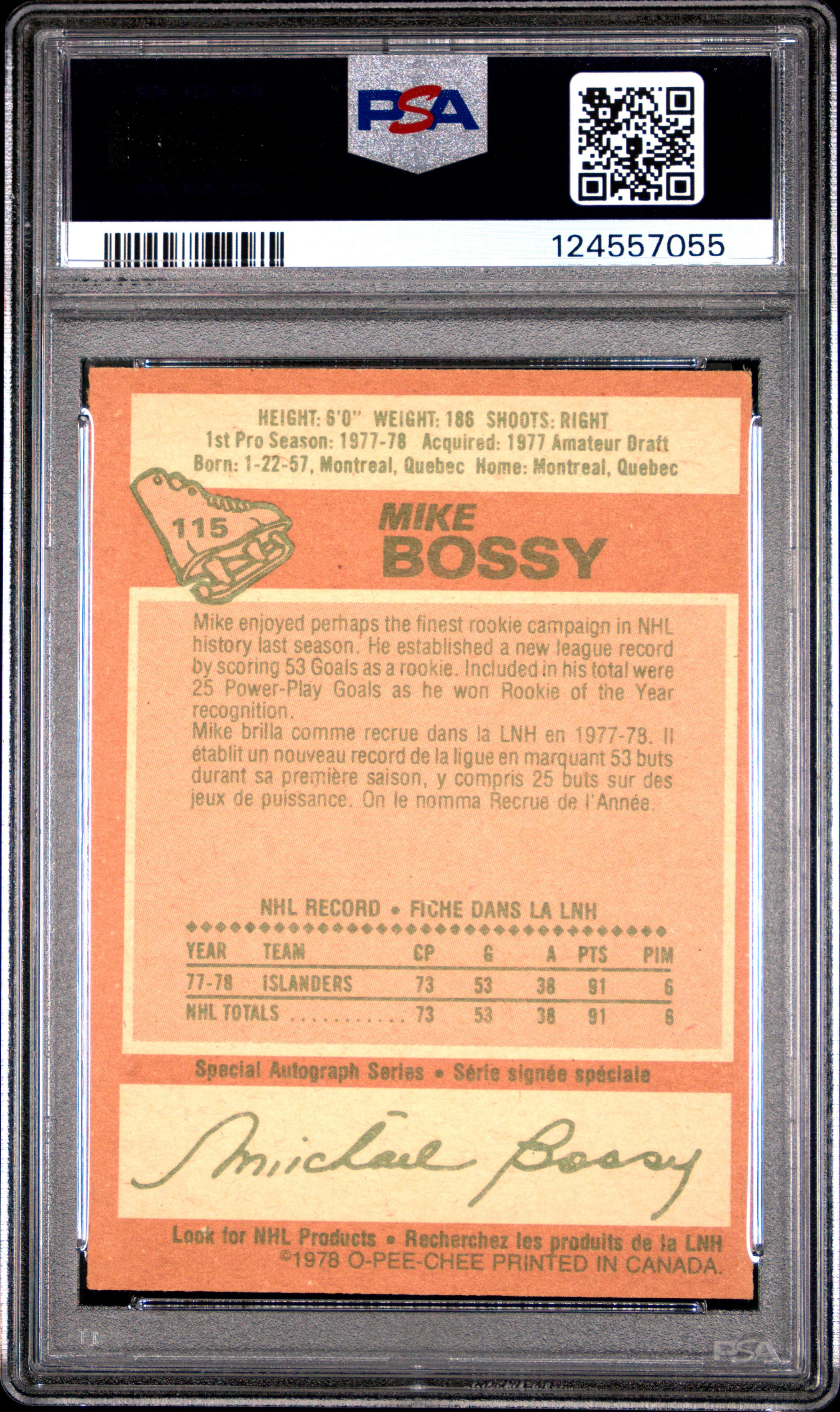 1978 O-Pee-Chee Hockey Mike Bossy RC Rookie #115 PSA 8 Islanders