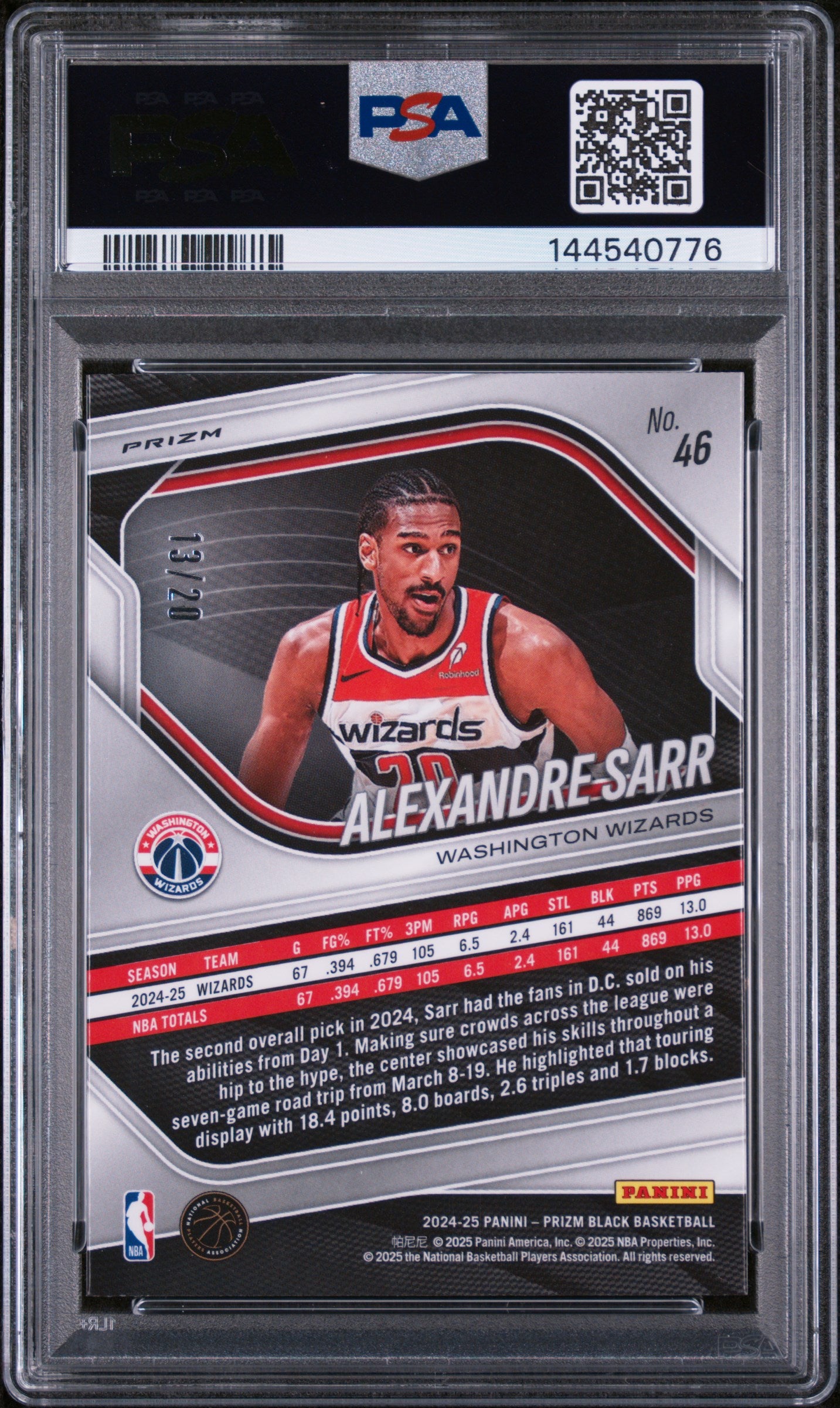 2024 Panini Prizm Black Cherry Blossom Alexandre Sarr #46 /20 PSA 10