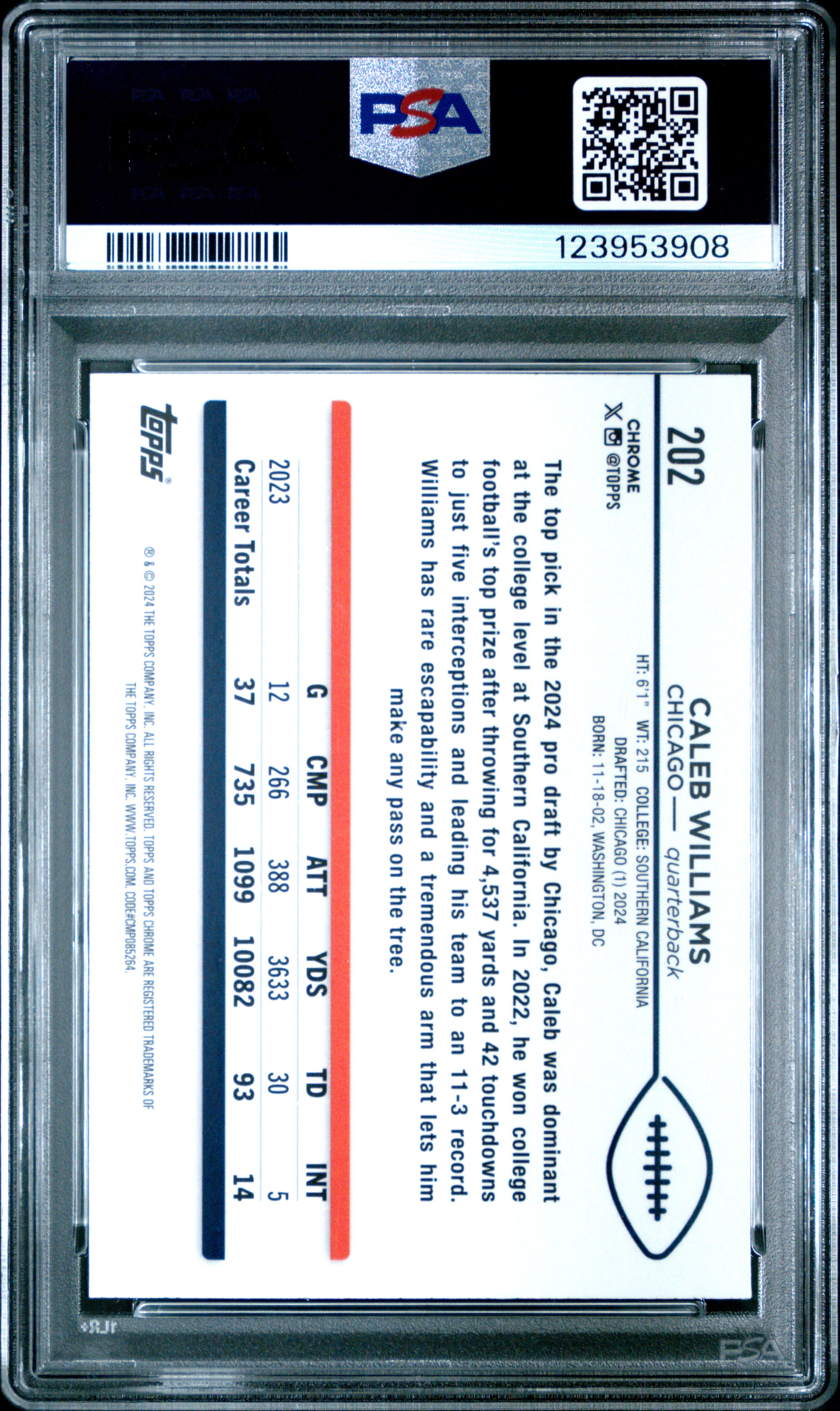 Caleb Williams /150 PSA 10 2024 Topps Chrome RC Rookie  Blue Refractor BEARS