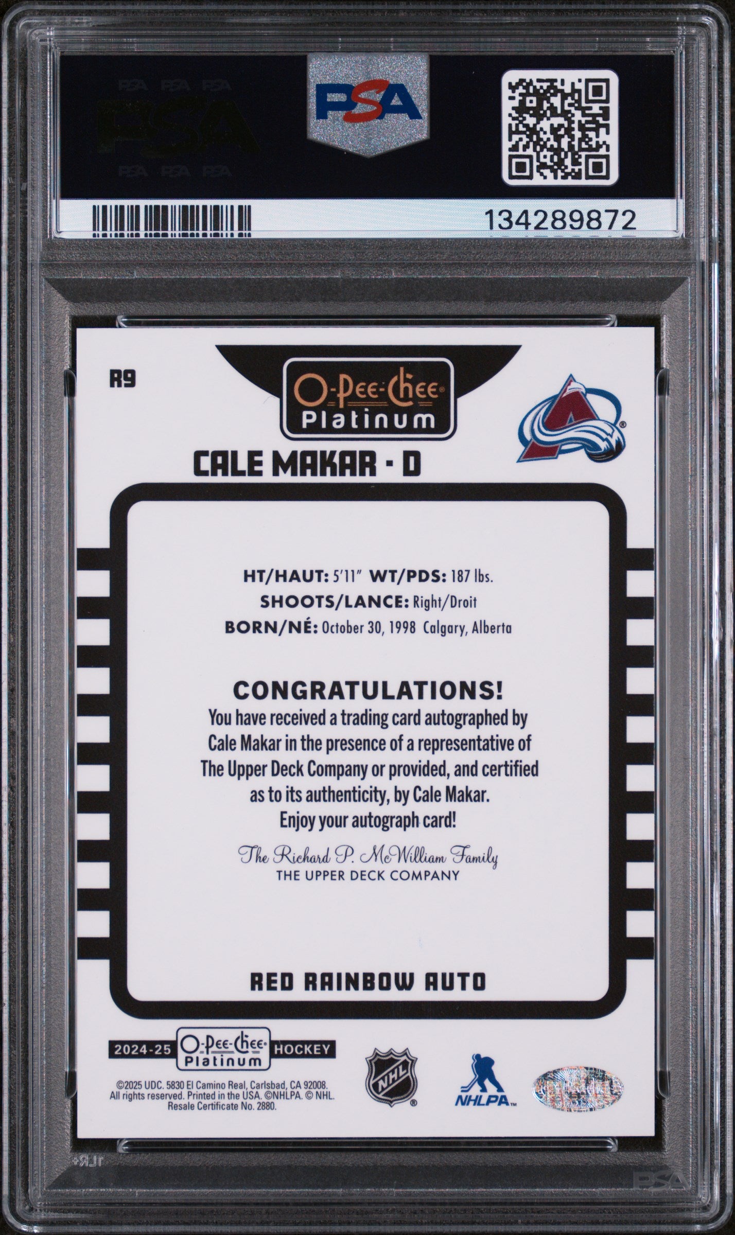 2024 O-Pee-Chee Platinum Retro Cale Makar Red Rainbow Auto PSA 9