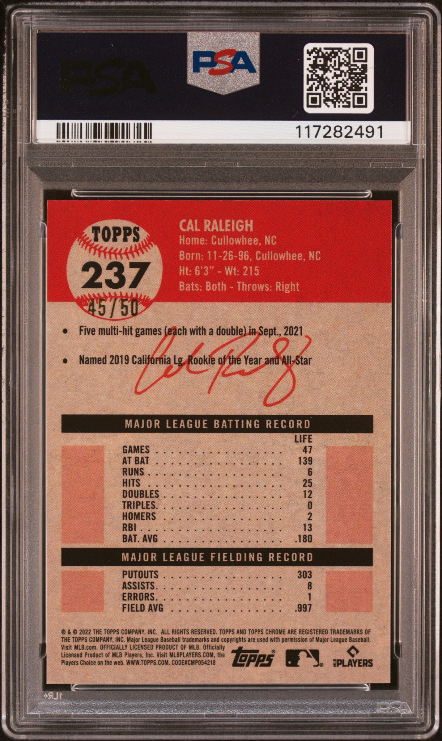 2022 Topps Chrome Platinum Cal Raleigh RC Rookie Gold Refractor PSA 9 /50