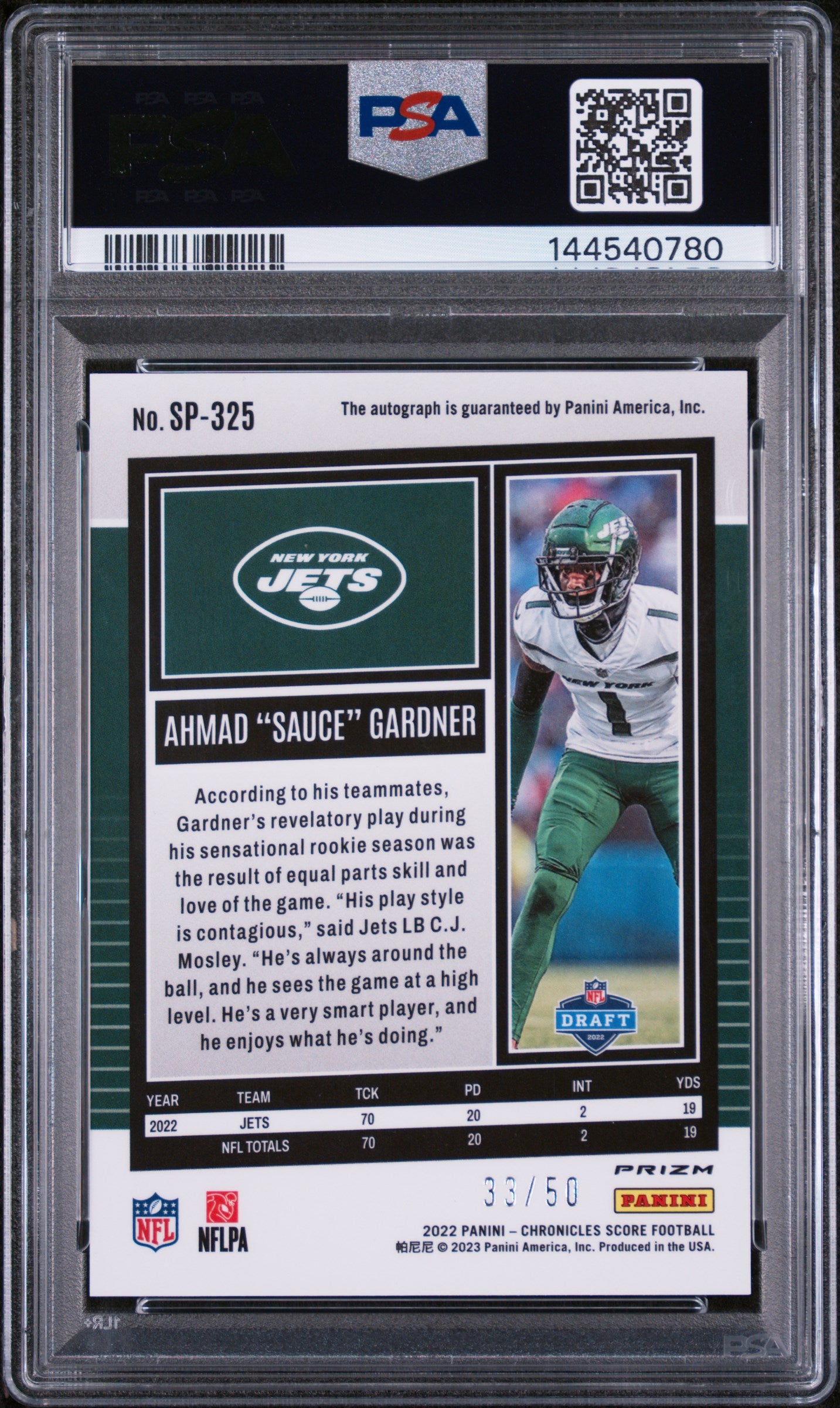 2022 Panini Chronicles Score Gold Zone Rookie Auto Sauce Gardner /50 PSA 9