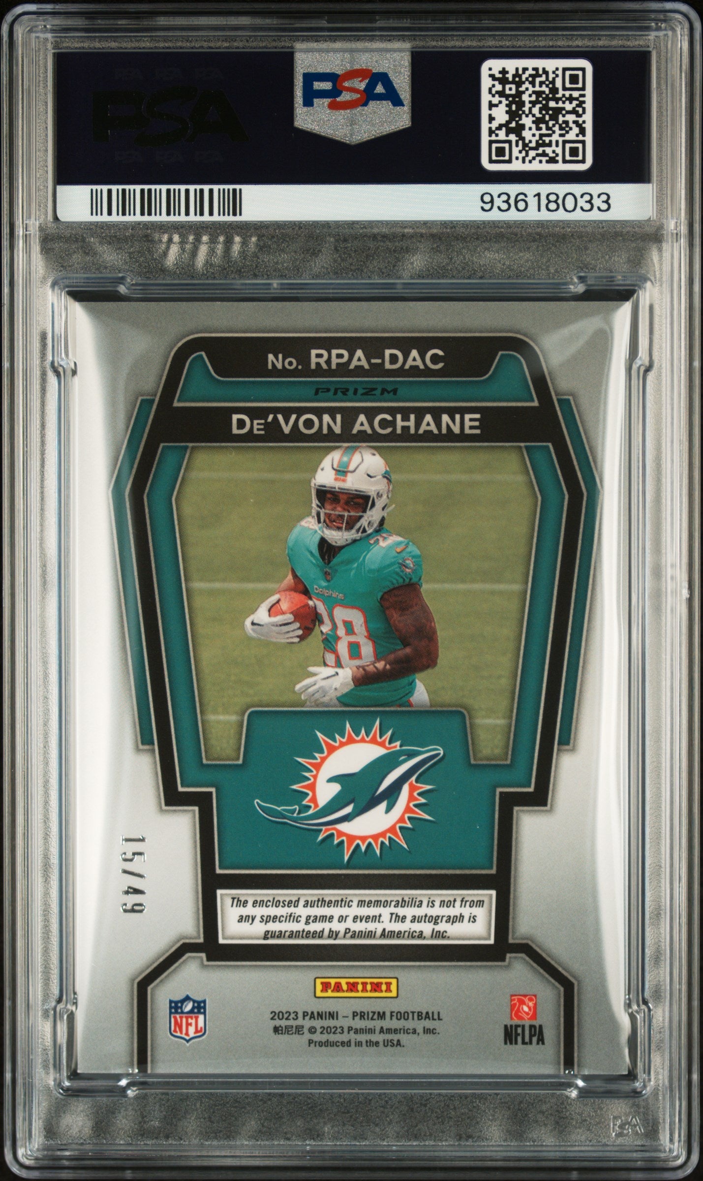2023 Prizm Football Rookie Patch Auto De’Von Achane RC Purple Power PSA 9 /49