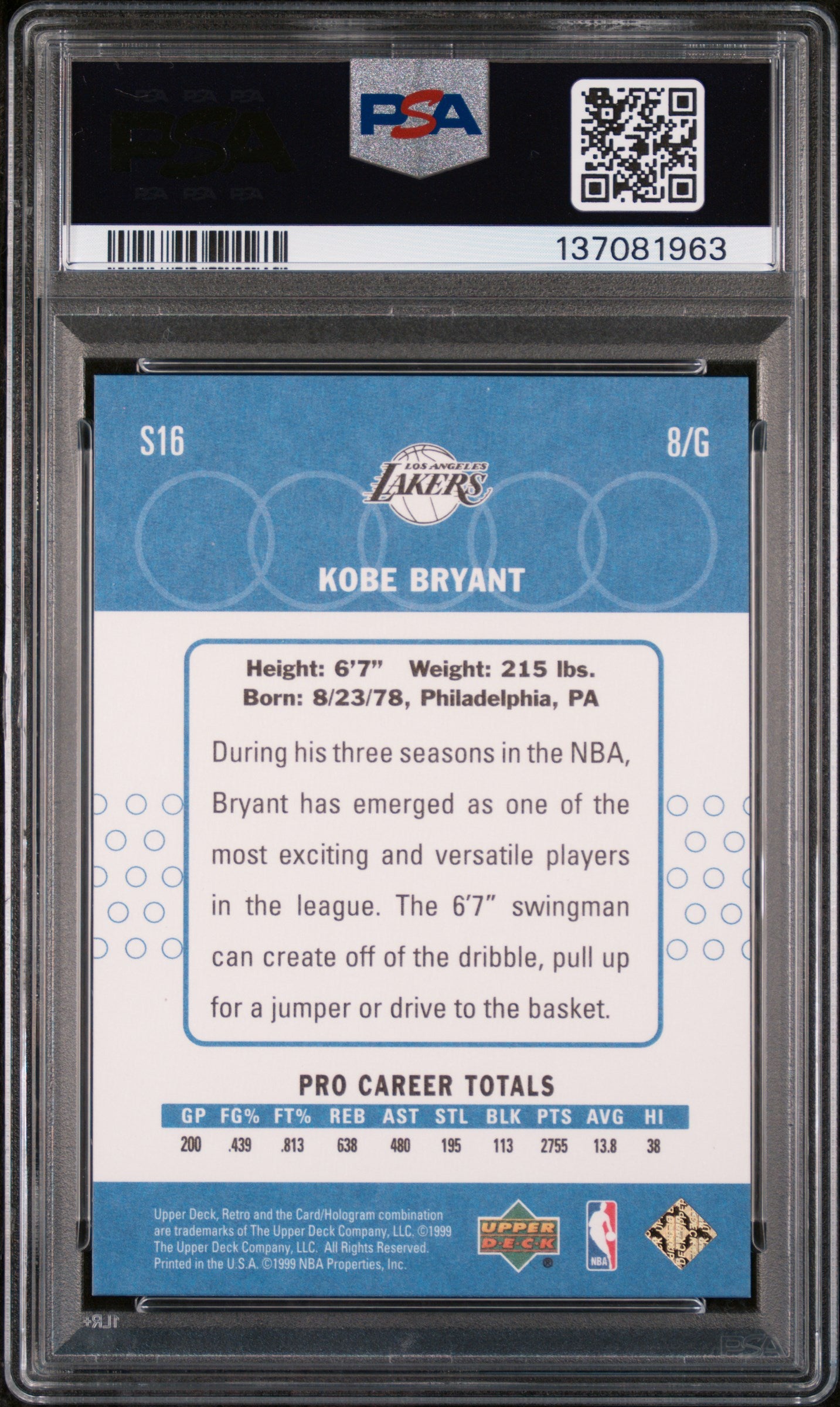 1999 Upper Deck Retro Old School/New School Kobe Bryant #S16 PSA 9