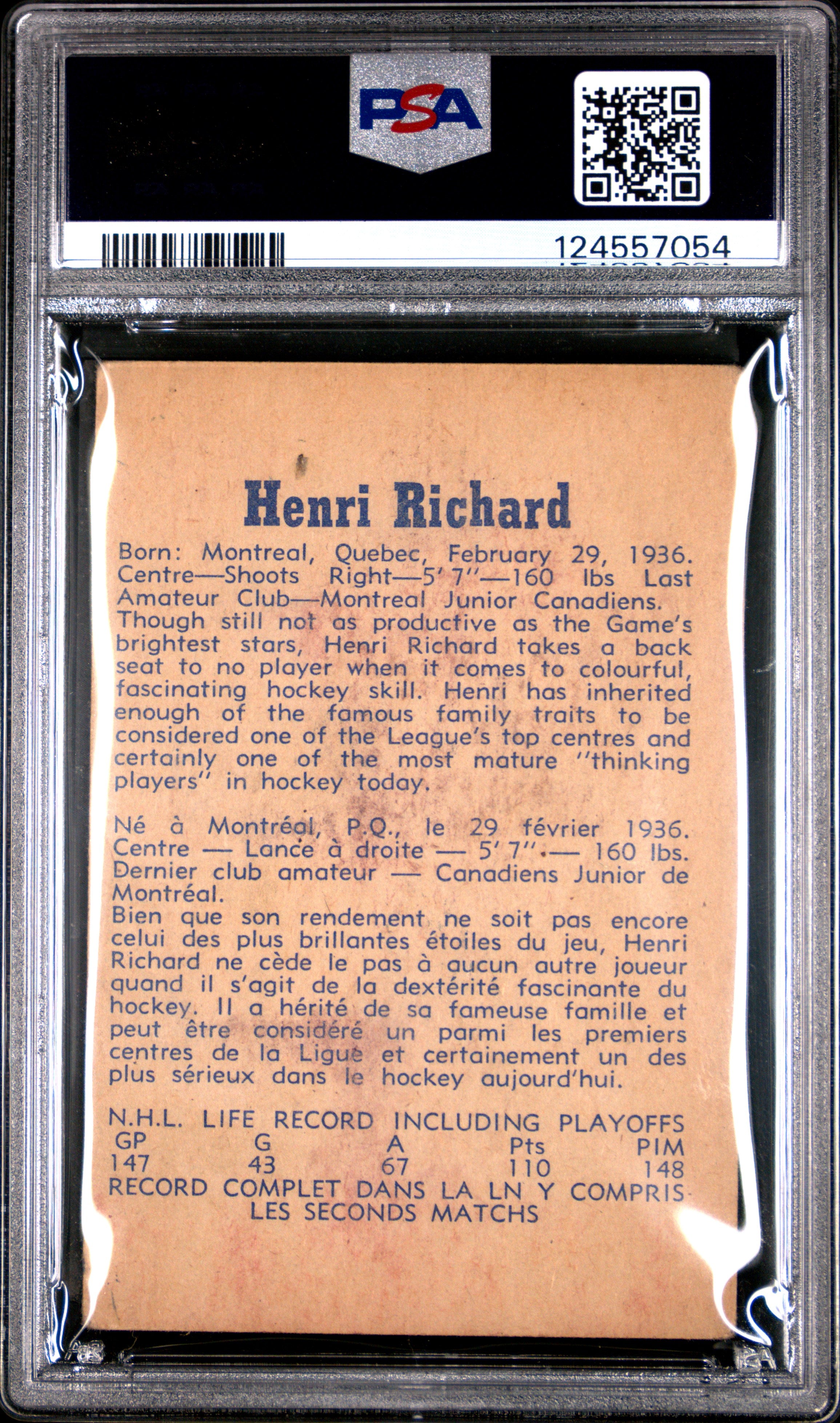 1957 Parkhurst Hockey Henri Richard RC Rookie #4 PSA 3