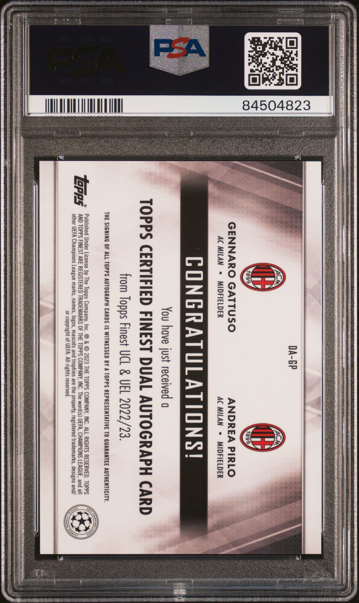 2022-23 Topps Finest UEFA CC Red Refractor Dual Auto Gattuso Pirlo /5 PSA 10