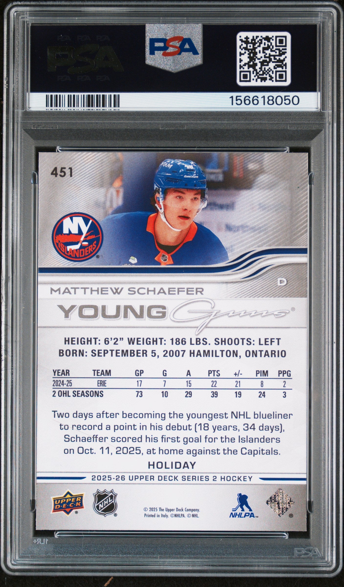 2025 Upper Deck Series 2 Hockey Holiday Young Guns Rookie Matthew Schaefer PSA 9