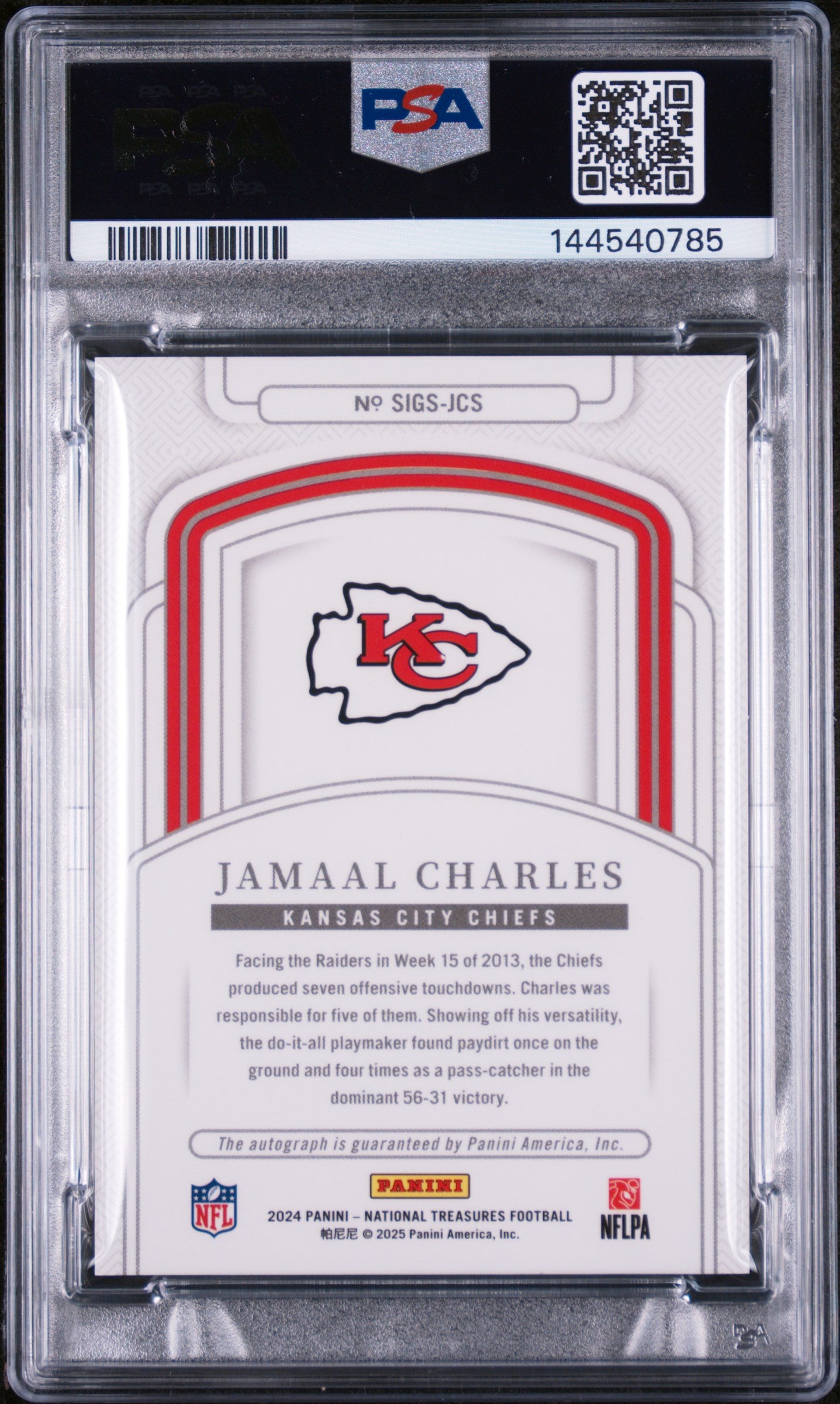 2024 Panini National Treasures Signatures Jamaal Charles #JCS /99 PSA 10