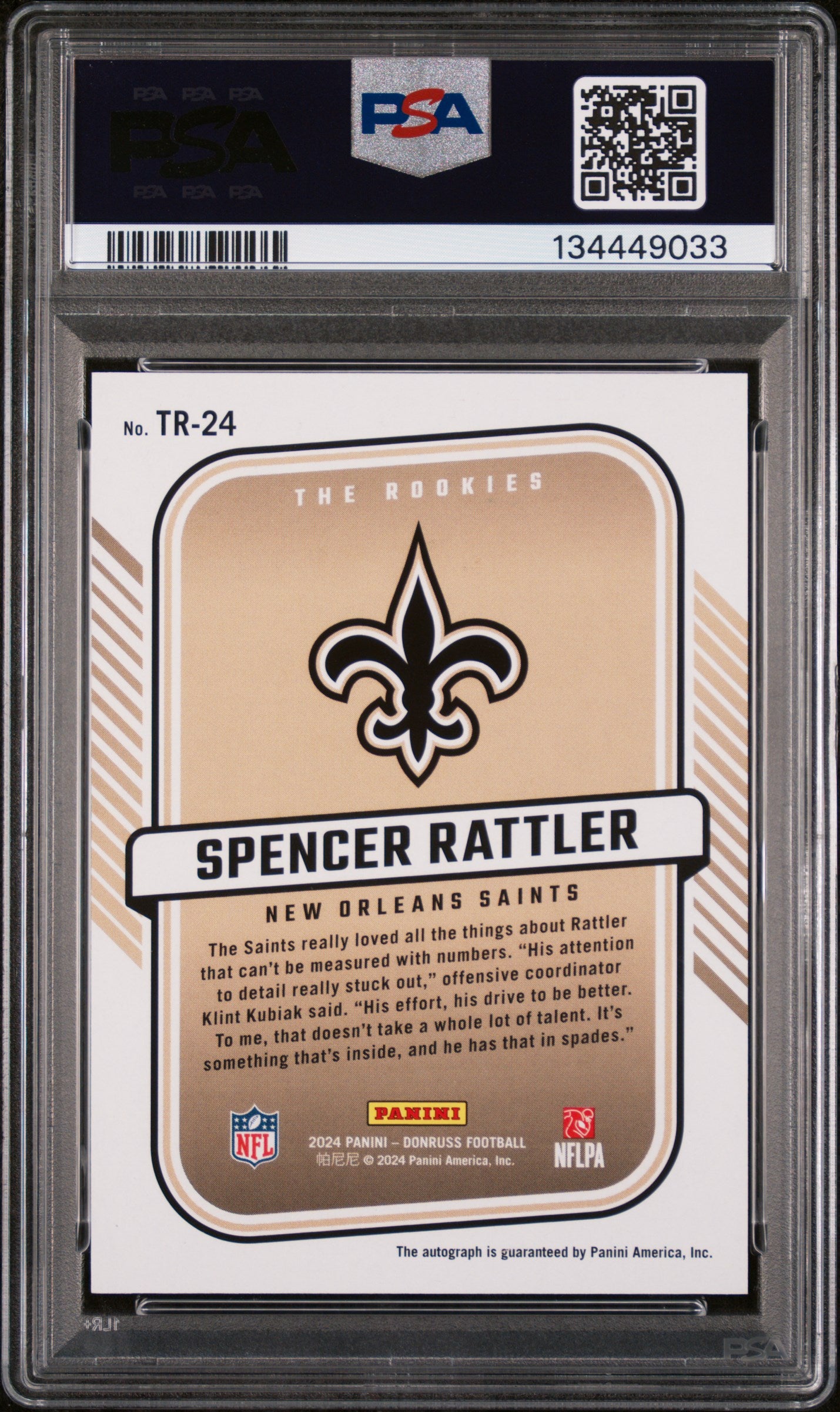 Spencer Rattler PSA 10 RC Rookie Auto /299 Donruss The Rookies 2024