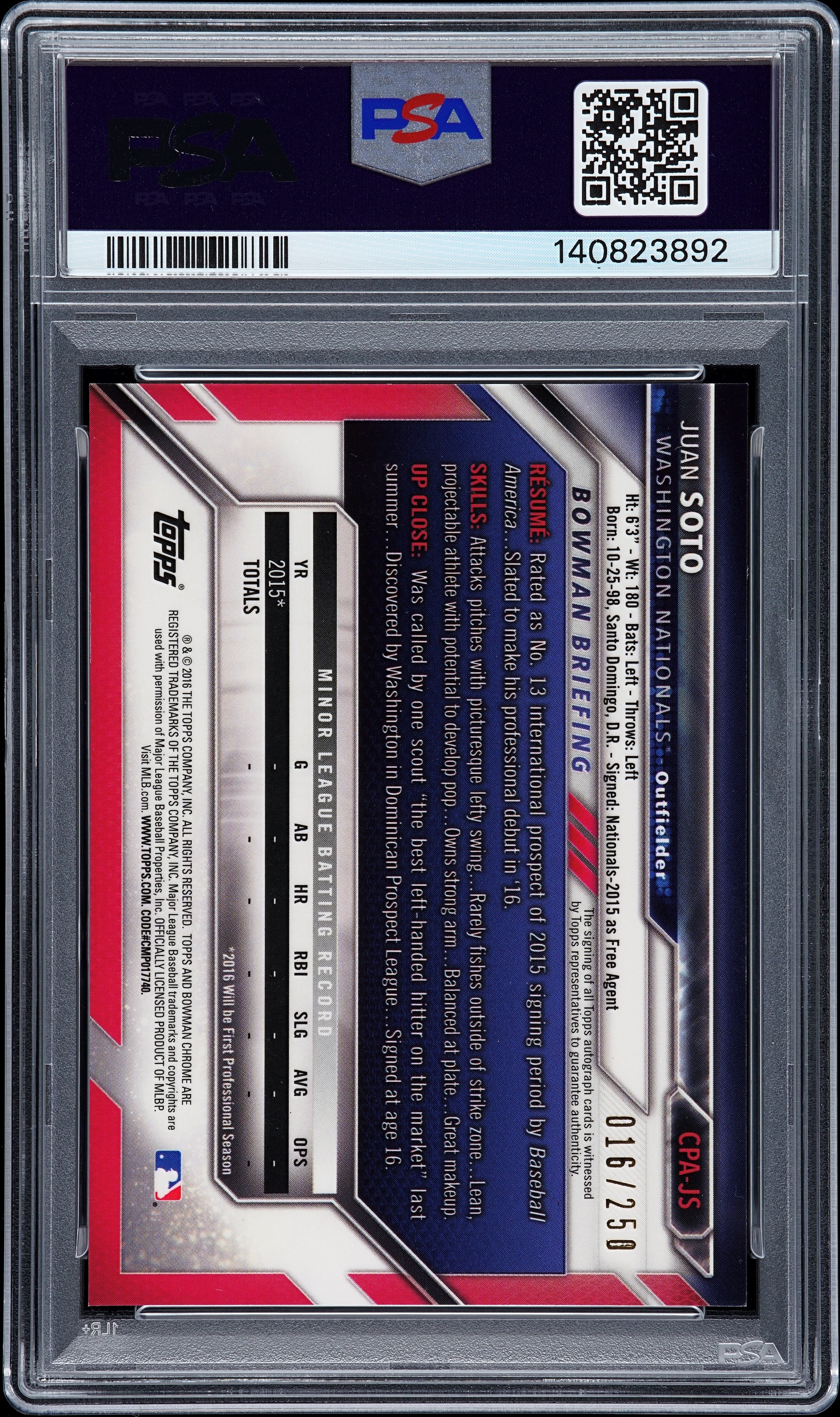 2016 1st Bowman Chrome Auto Juan Soto RC Purple Refractor PSA 10 Auto 10 /250