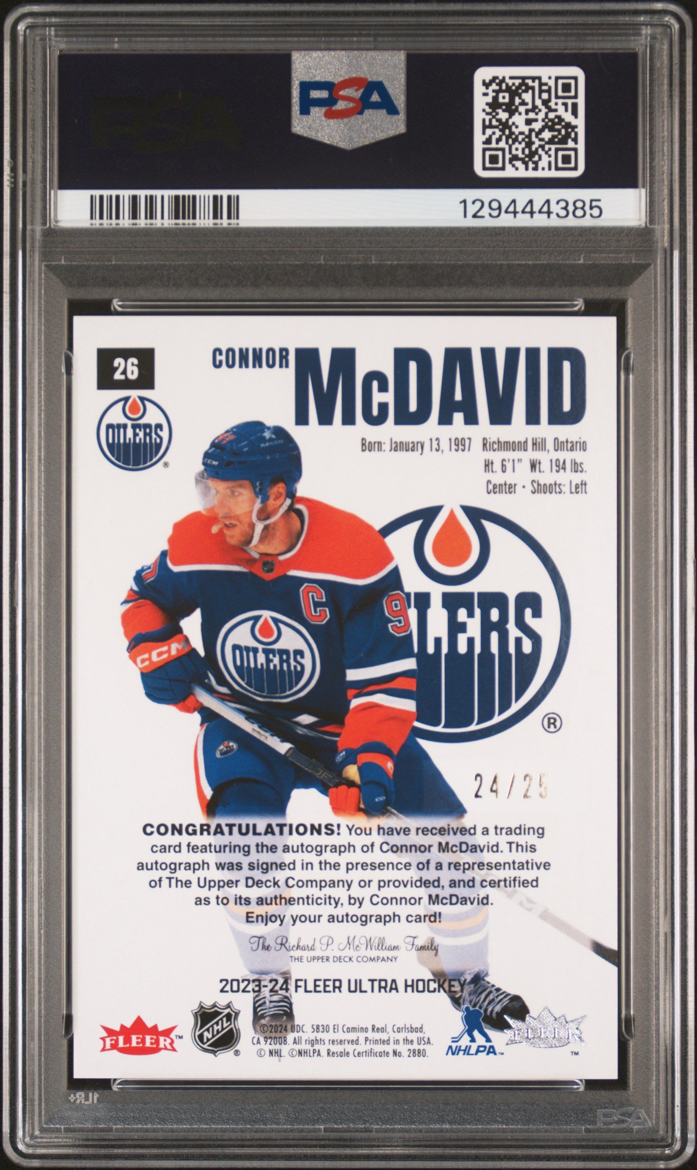 2023-24 Fleer Ultra Red Rainbow Foil Auto Connor McDavid /25 PSA 9