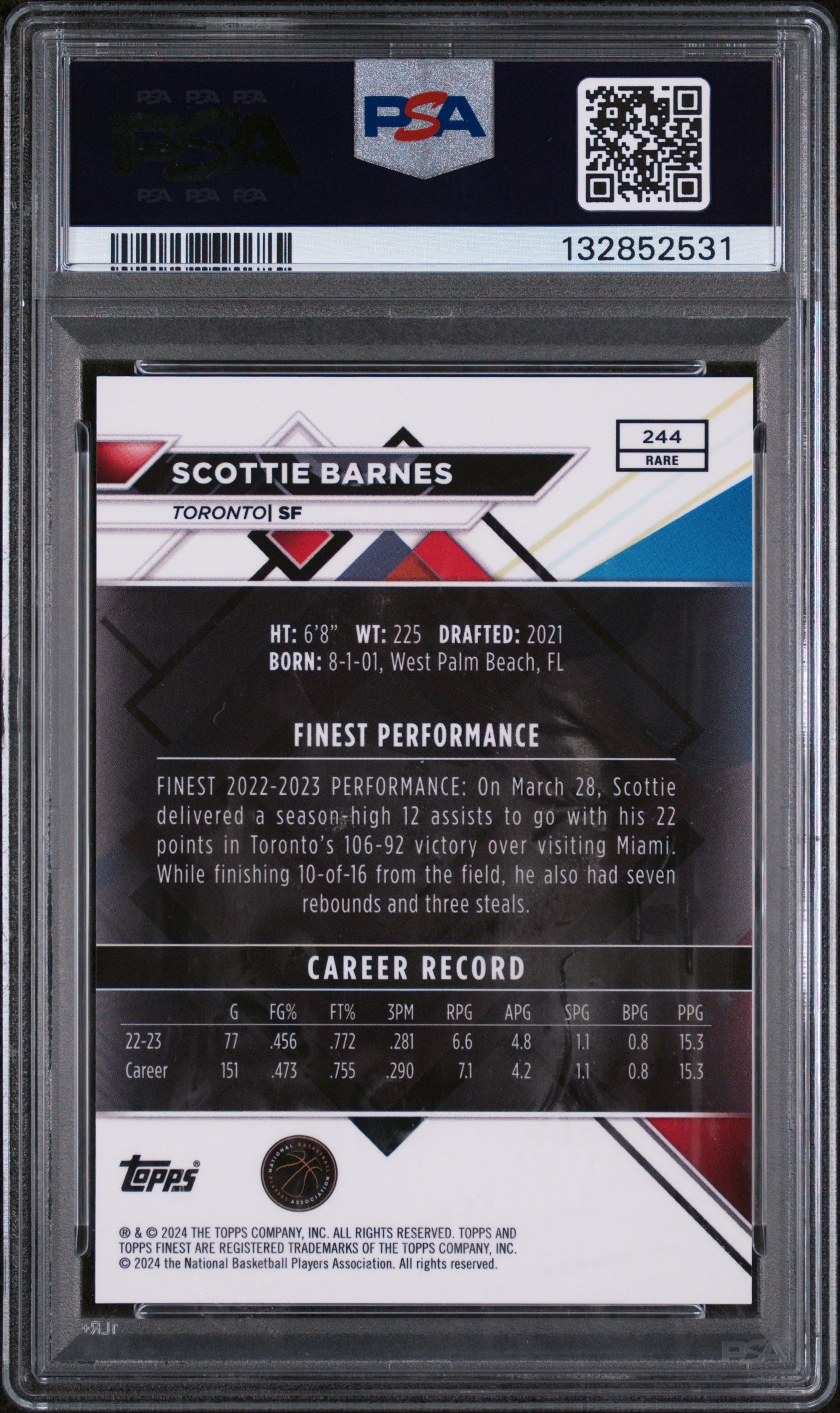Scottie Barnes /10 PSA 10 2023-24 23-24 Topps Finest Red Black Vapor