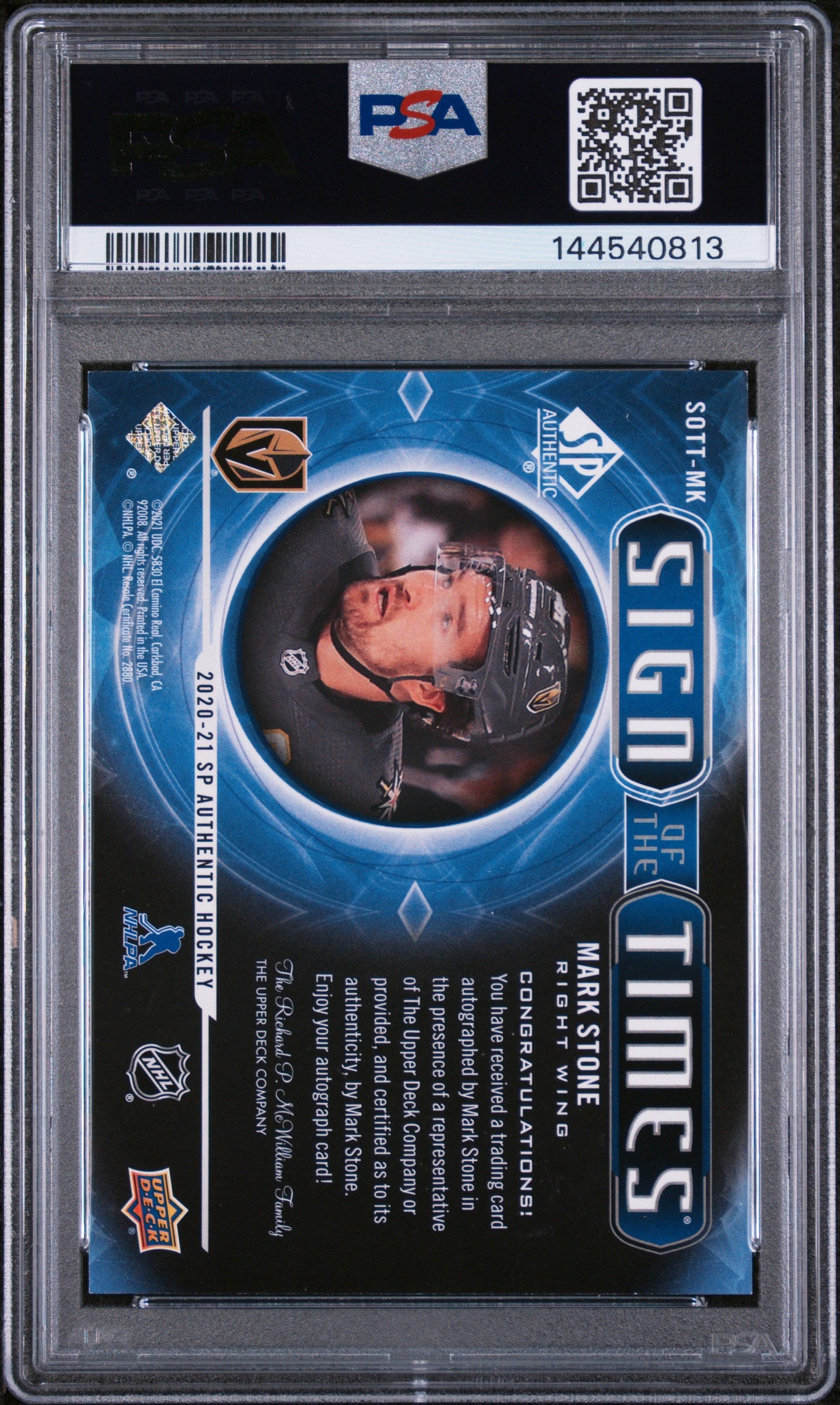 2020 Upper Deck SP Authentic Sign Of The Times Black Auto Mark Stone /25 PSA 8