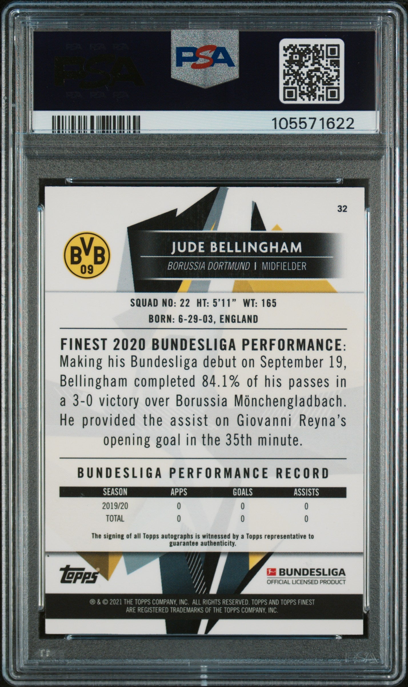 Jude Bellingham Auto PSA 10 2020-21 Topps Finest Bundesliga Autograph RC Rookie