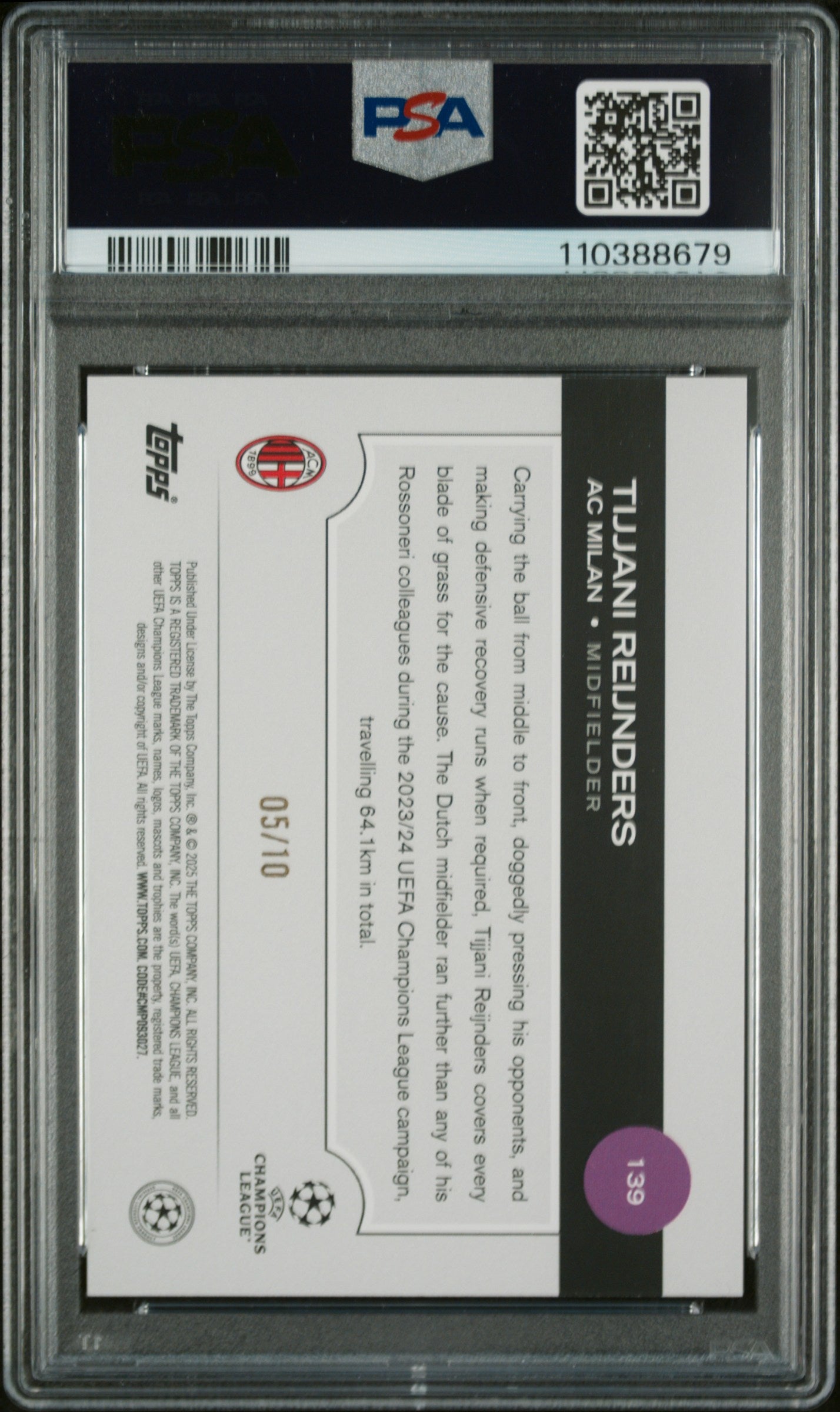 2024-25 Topps UEFA Club Competitions Black Icy Tijjani Reijnders /10 PSA 8