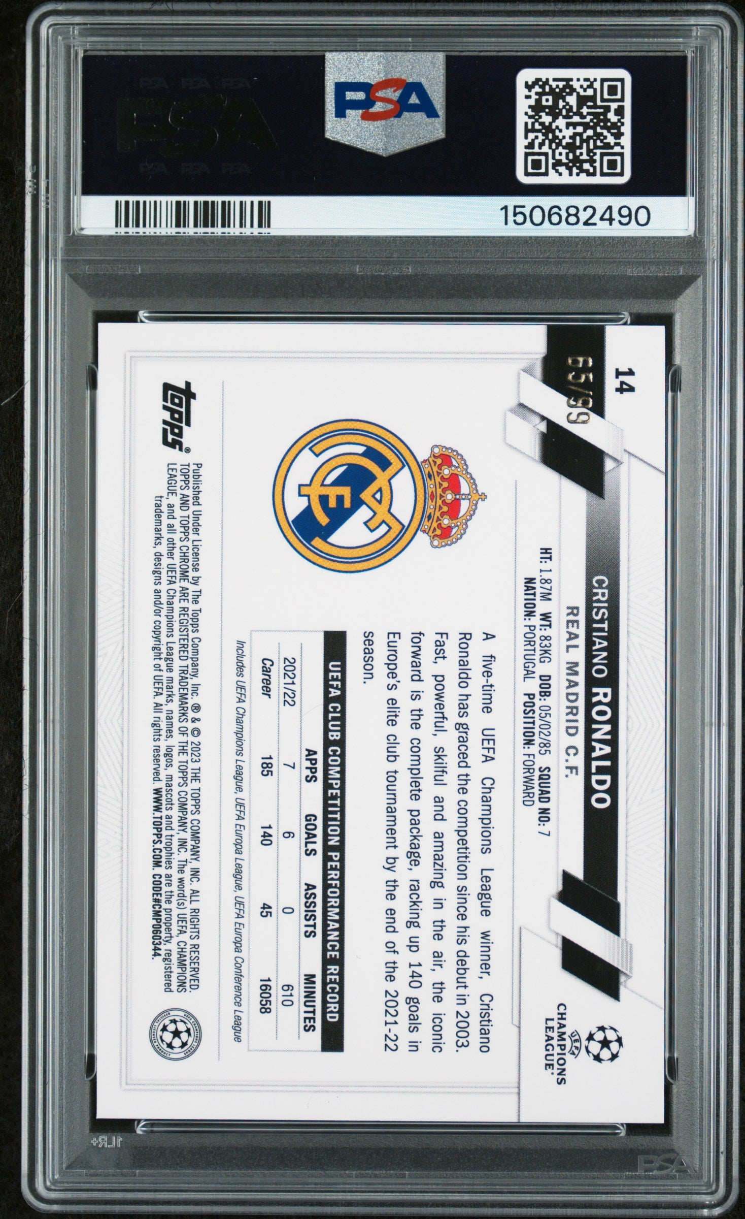 2022-23 Topps Chrome Sapphire UEFA CC SP Yellow Cristiano Ronaldo /99 PSA 9