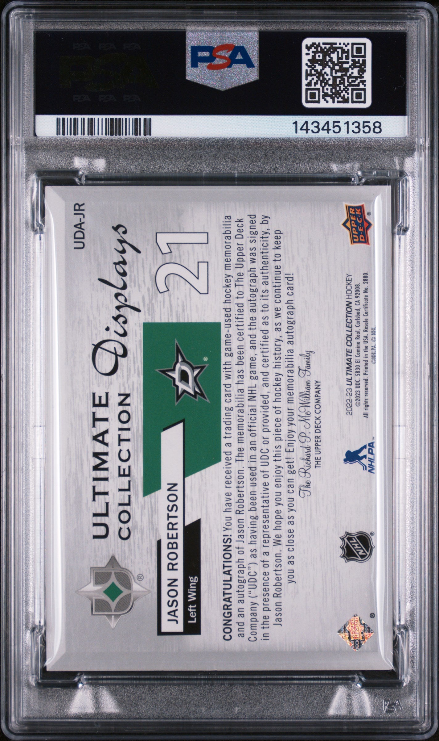 2024 Upper Deck Ultimate Collection Display Patch Auto Jason Robertson /25 PSA 8