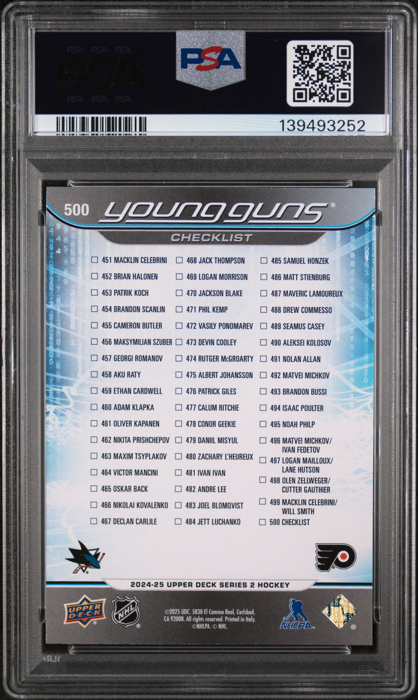 2024-25 Upper Deck Series 2 Checklist Celebrini Michkov Young Guns RC PSA 10