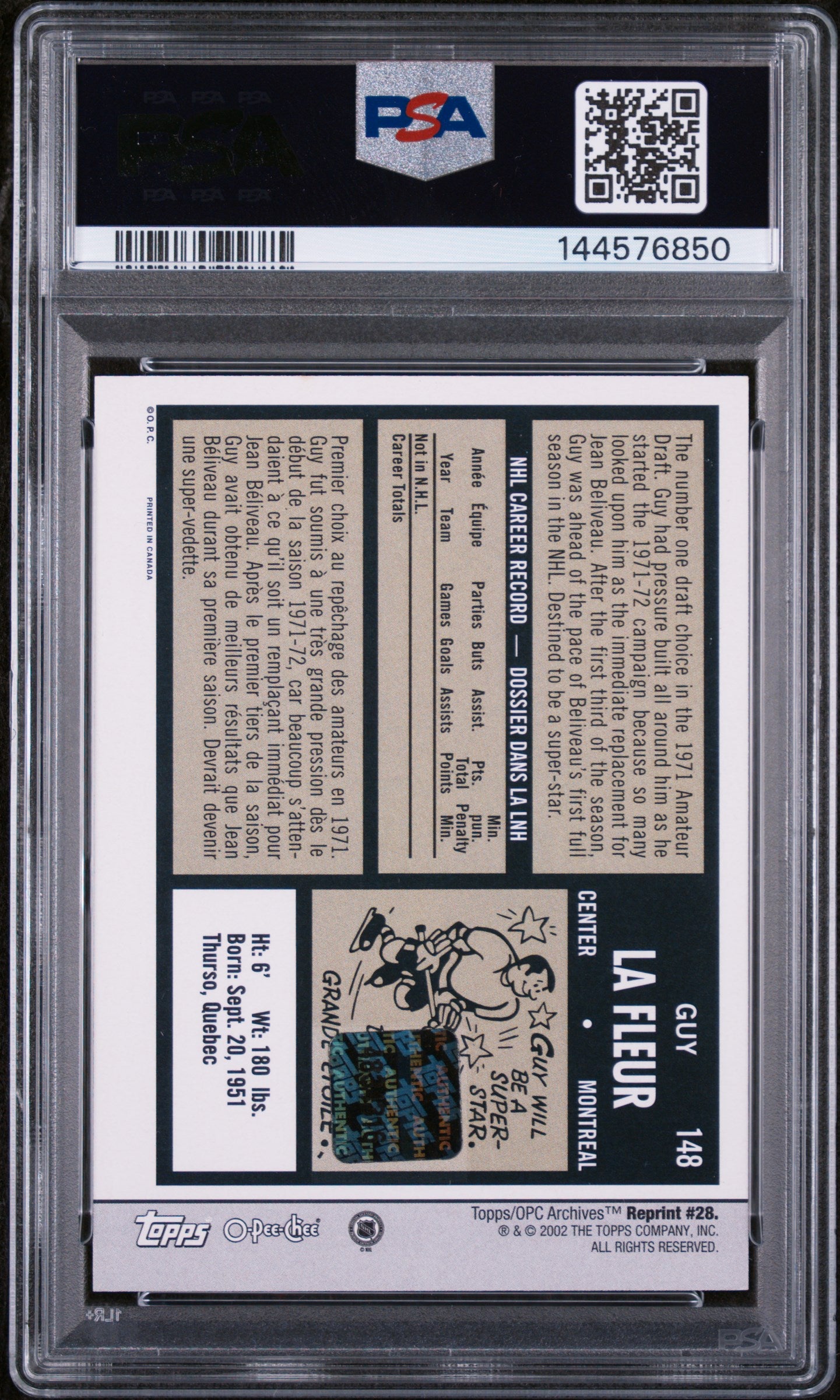 2001 Topps Archives Hockey Auto Guy La Fleur #28 PSA 9 Auto 10