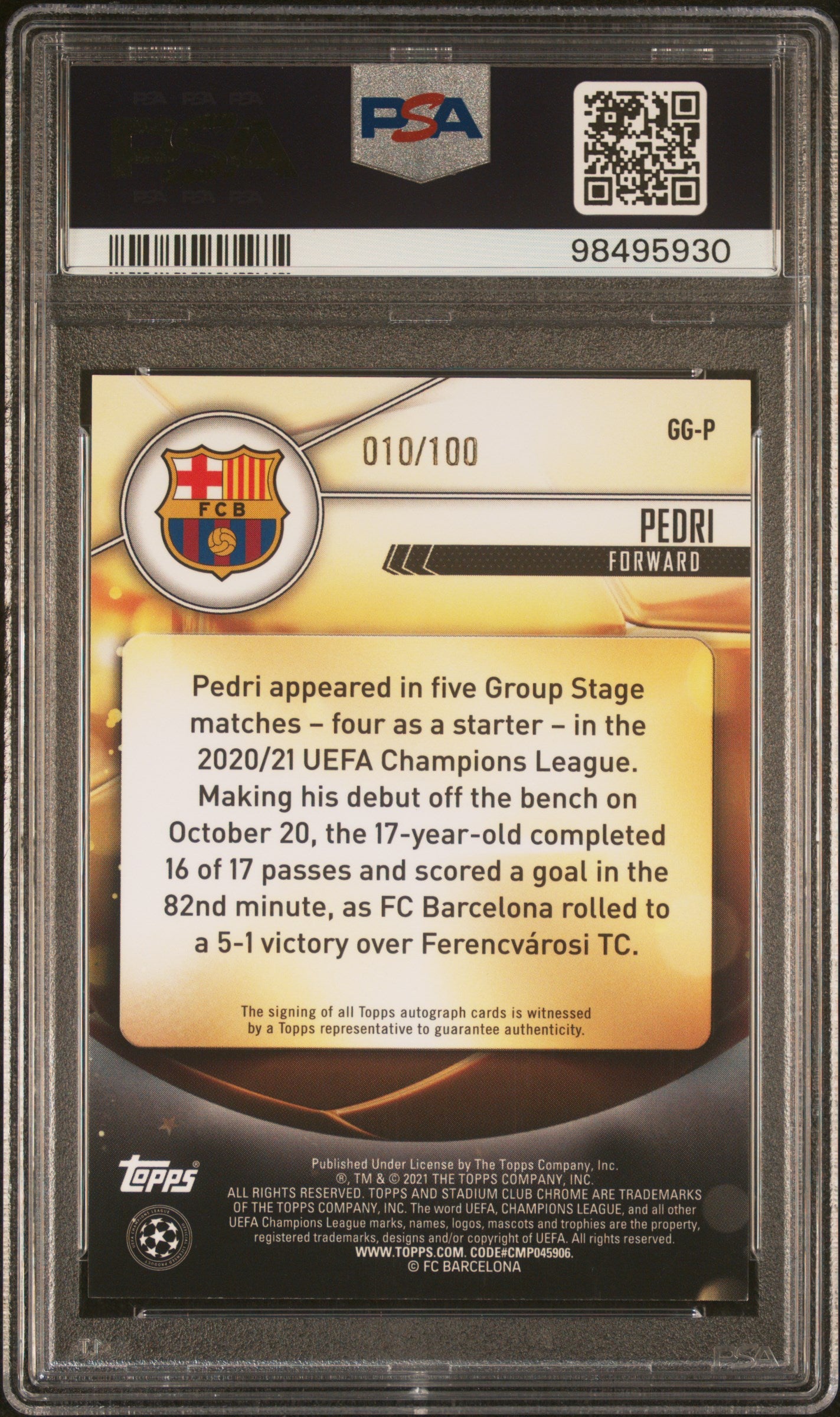 Pedri RC Auto /100 PSA 9 Glimpses of Gold 2020-21 UCL UEFA Stadium Club