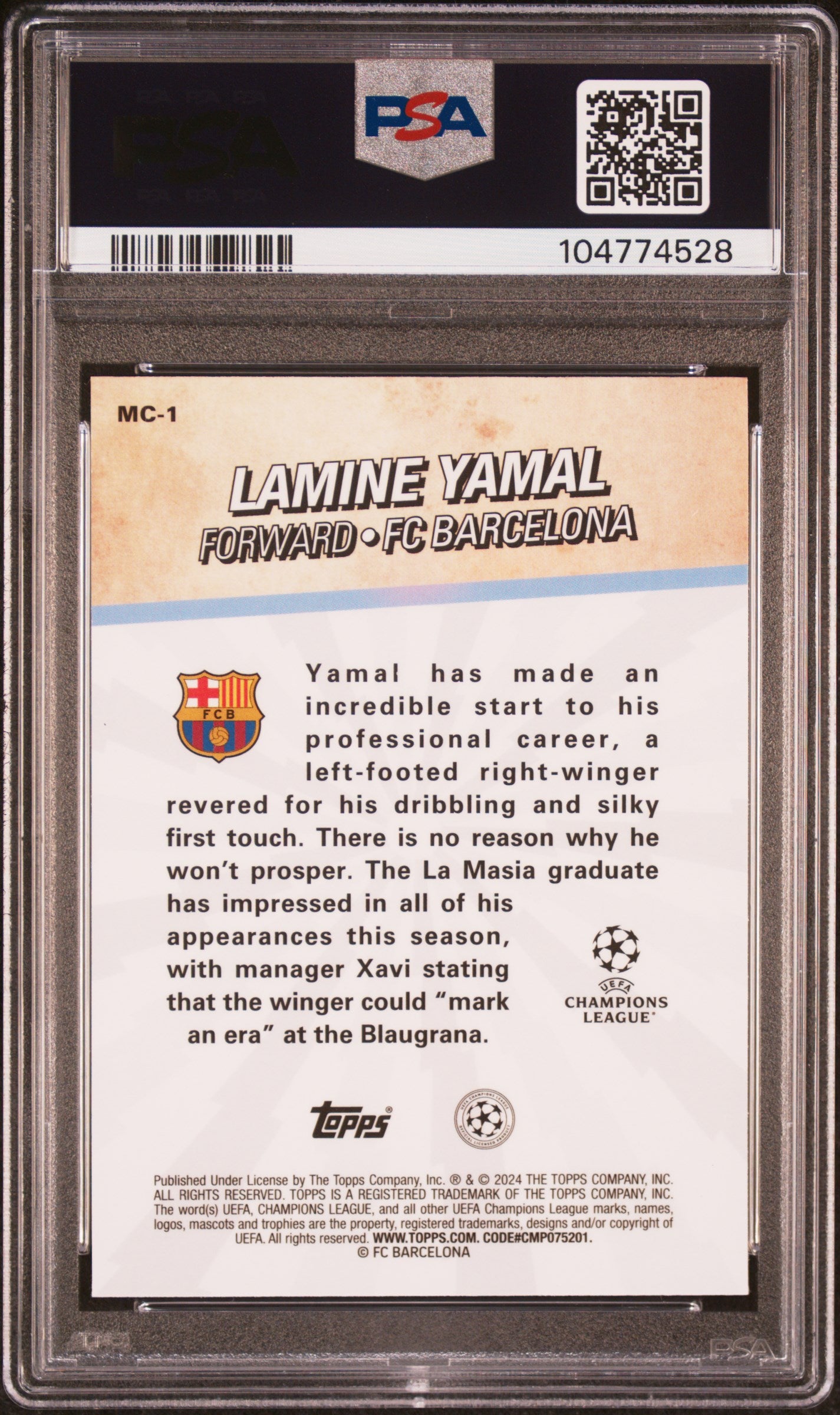 2023-24 Topps Merlin UEFA CC Chosen Ones Rookie Lamine Yamal PSA 9