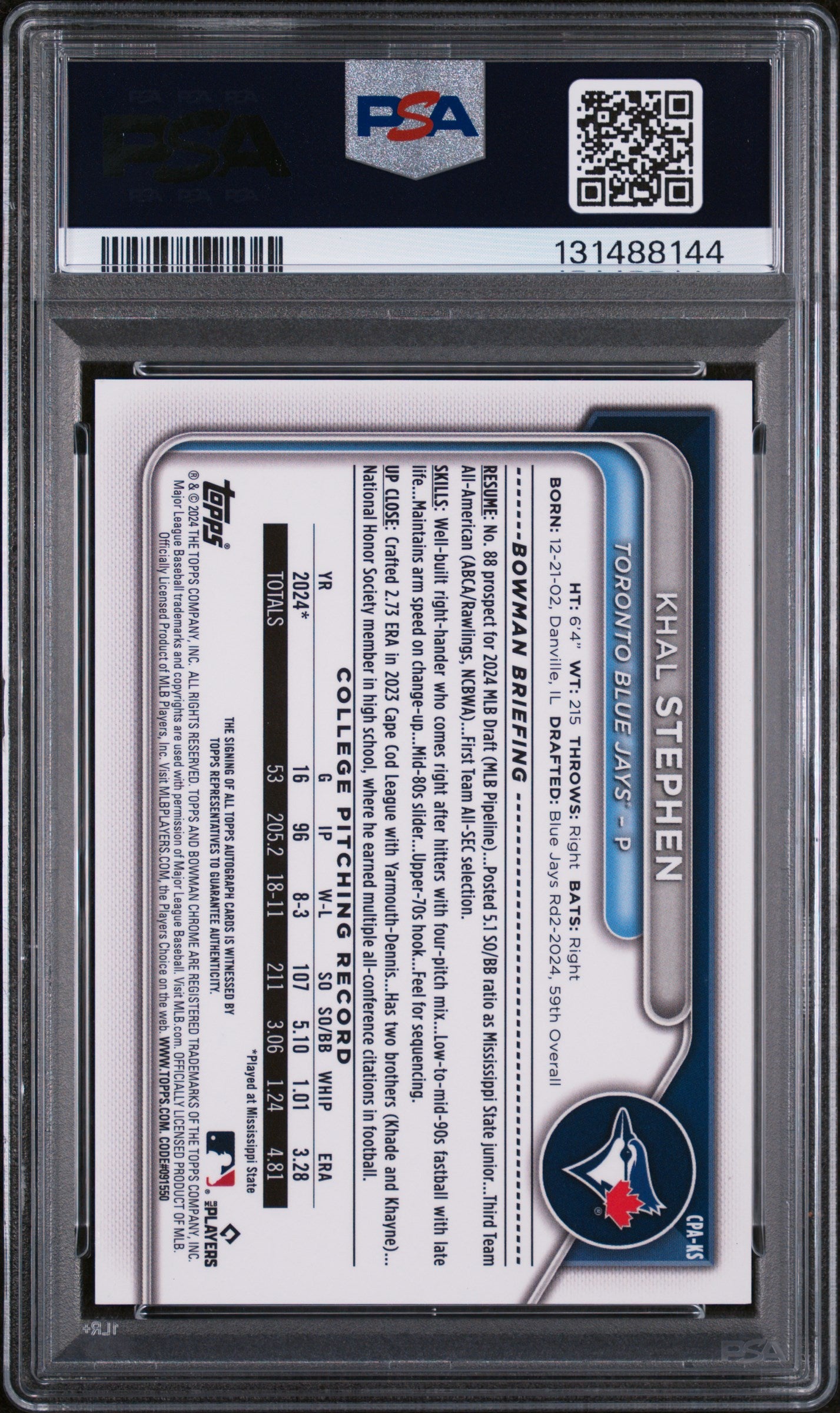 2024 Bowman Draft Chrome Prospect Auto Khal Stephen RC Gold Wave /50 PSA 10