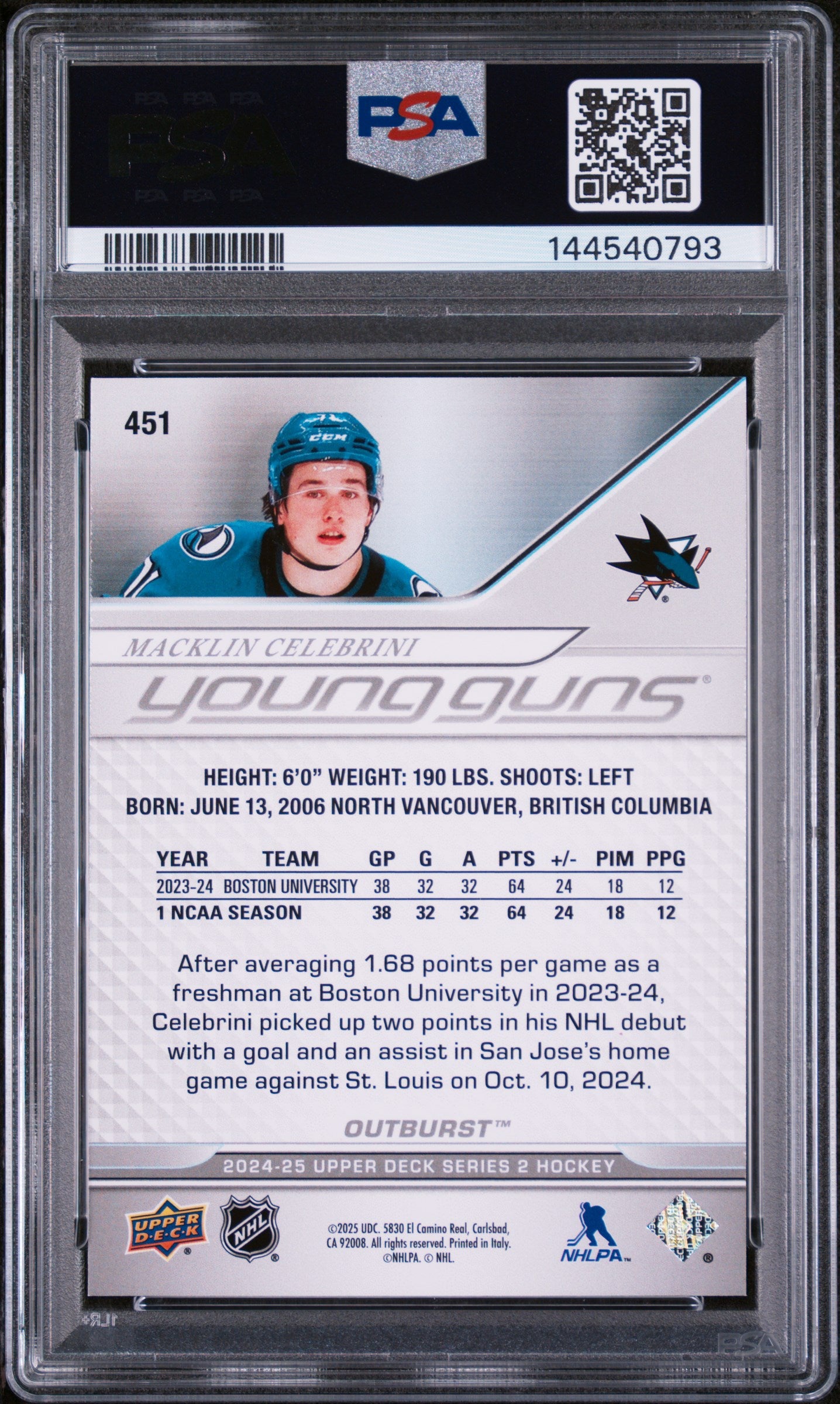 2024 Upper Deck Series 2 Hockey Outburst Young Guns RC Macklin Celebrini PSA 9