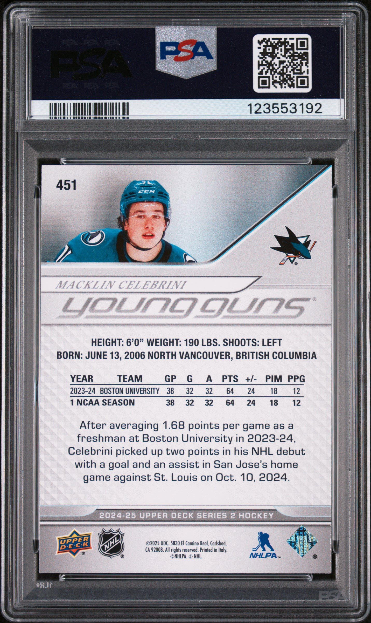 2024 Upper Deck Series 2 Hockey Young Guns Rookie Macklin Celebrini #451 PSA 10