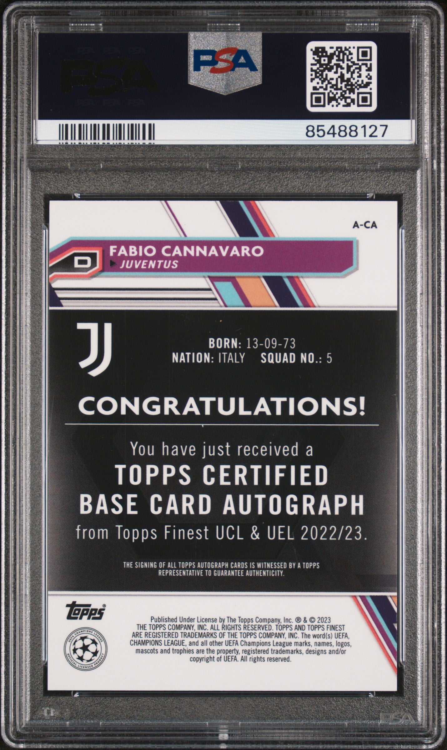 2022-23 Topps Finest UCC Neon Green Wave Auto Fabio Cannavaro /99 PSA 10